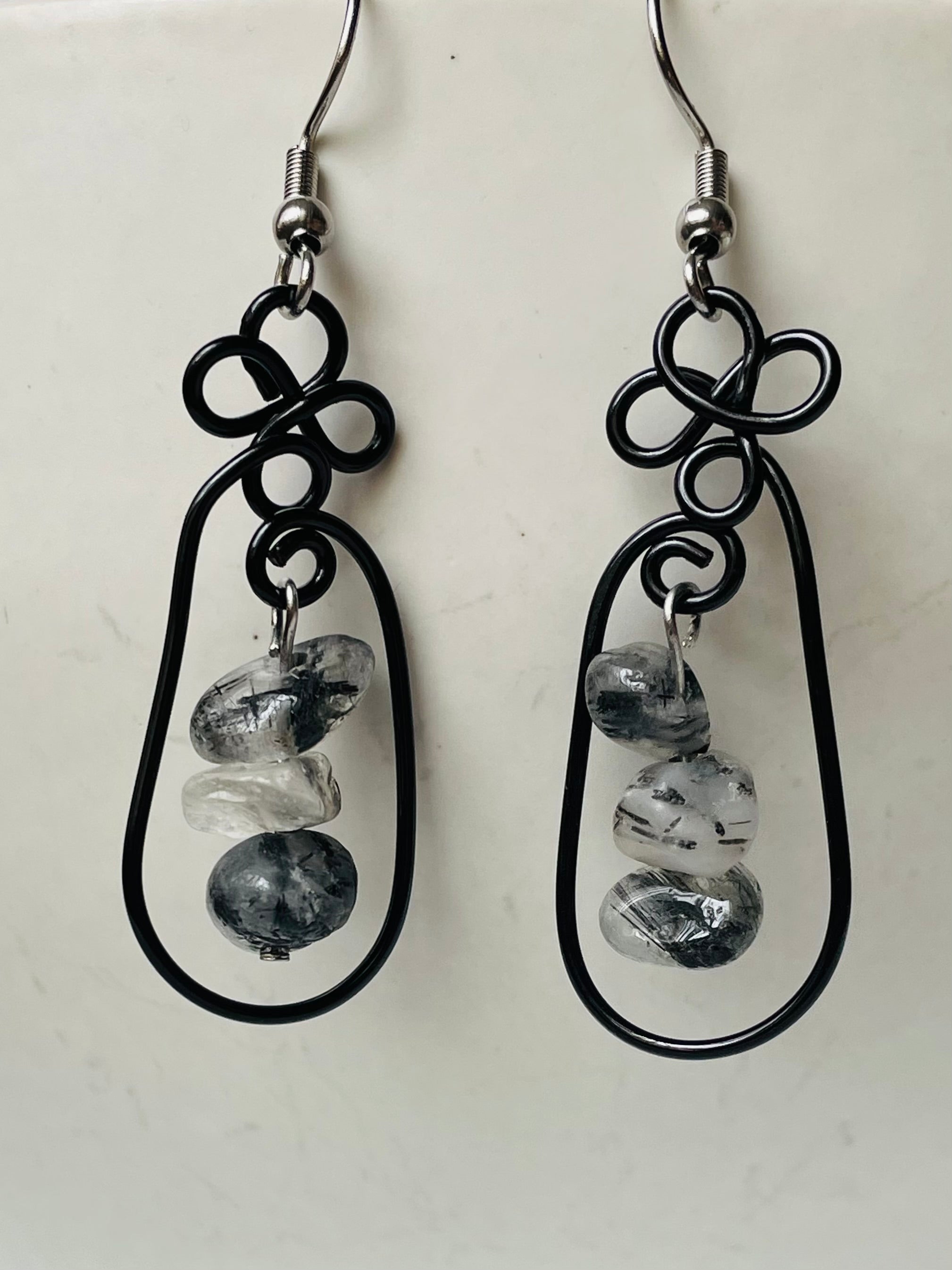 Marble Gemstone- Tourmaline Quartz with Wire Earrings