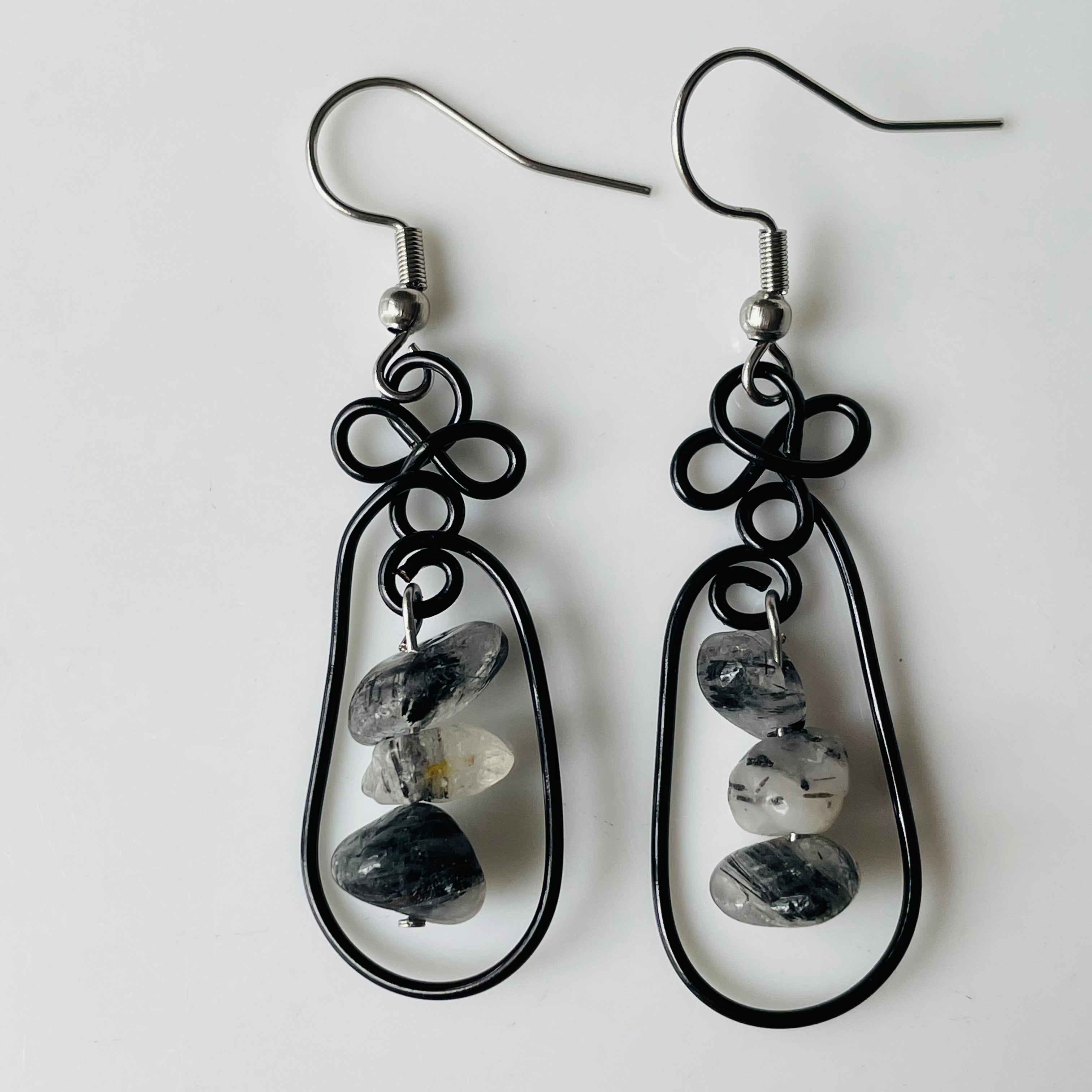 Marble Gemstone- Tourmaline Quartz with Wire Earrings