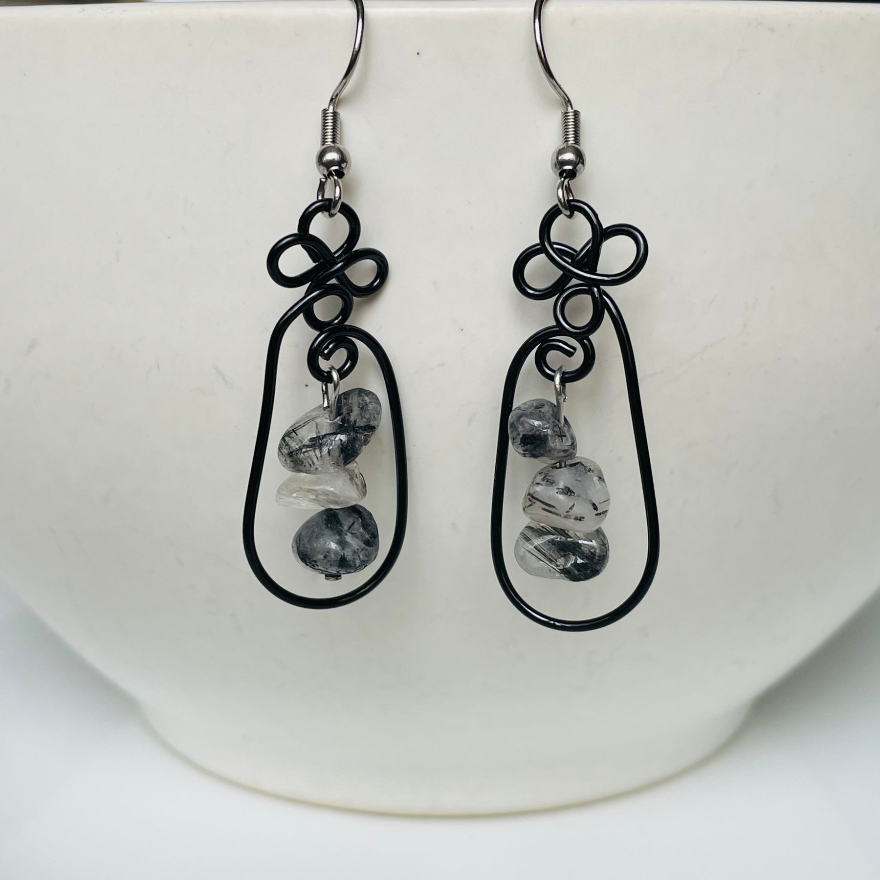 Marble Gemstone- Tourmaline Quartz with Wire Earrings
