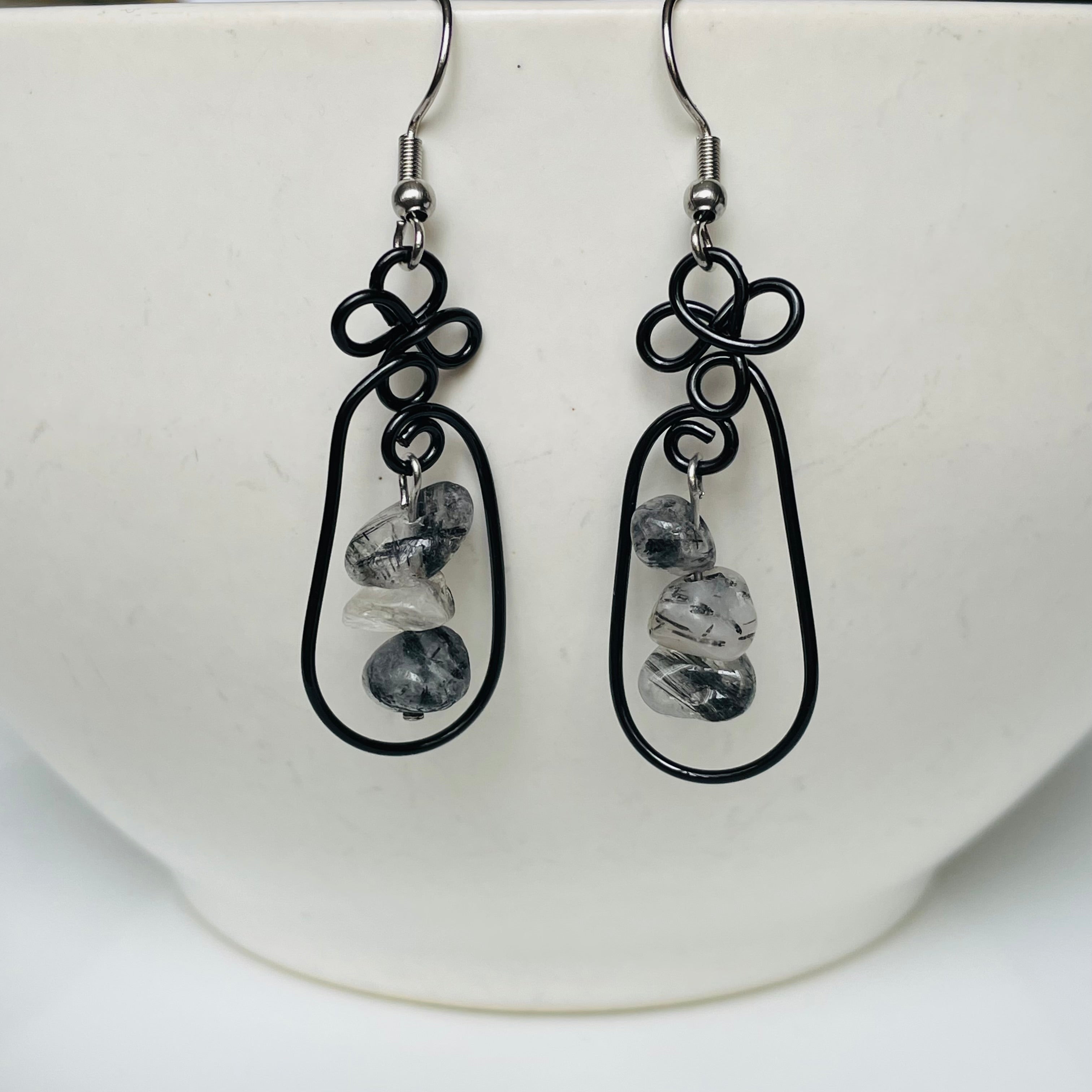 Marble Gemstone- Tourmaline Quartz with Wire Earrings