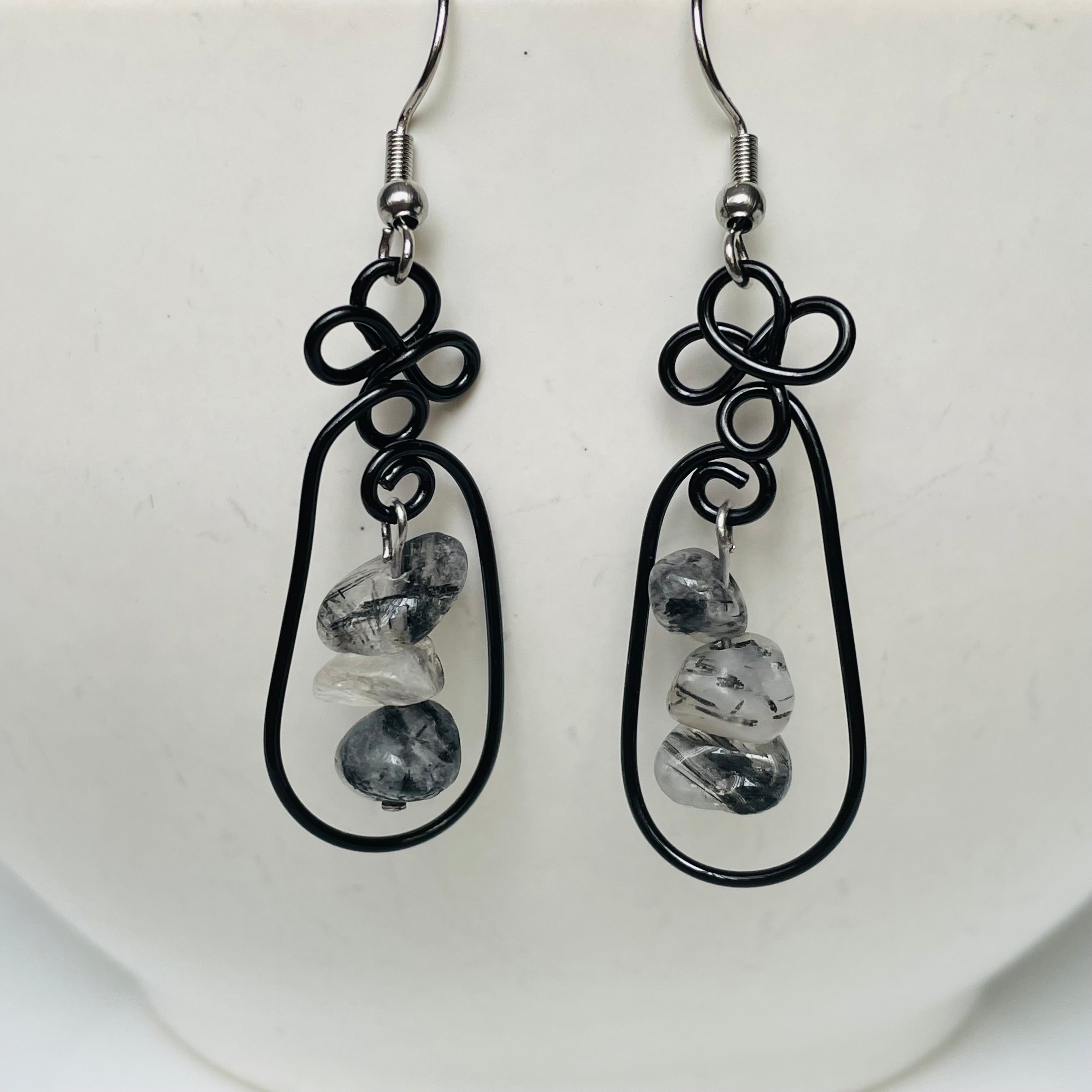 Marble Gemstone- Tourmaline Quartz with Wire Earrings