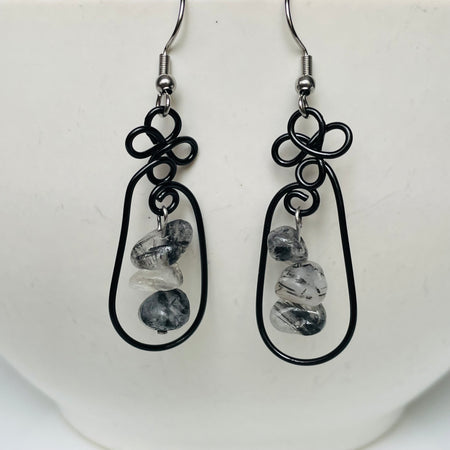 Marble Gemstone- Tourmaline Quartz with Wire Earrings