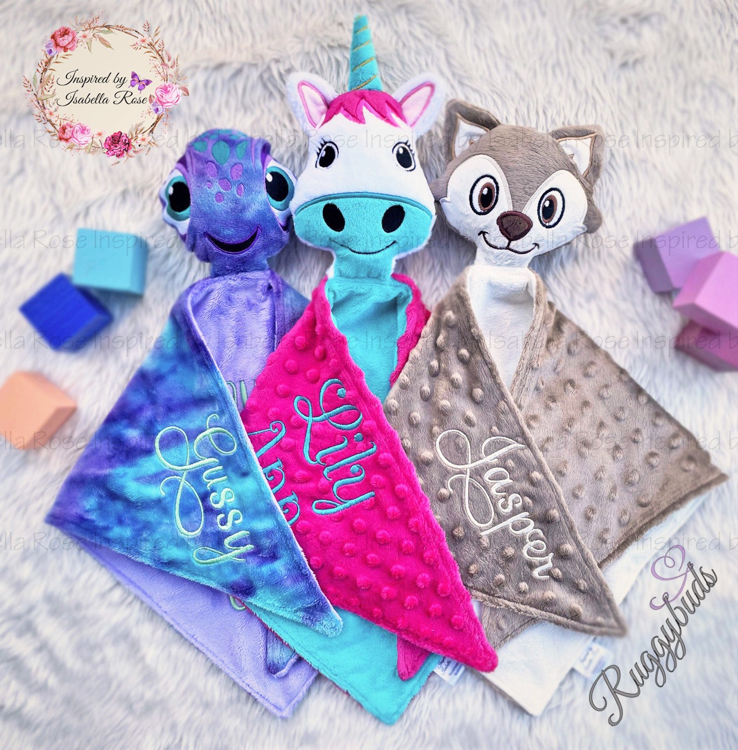 Baby comforter, Embroidered name, Unicorn themed Ruggybud, Made to order