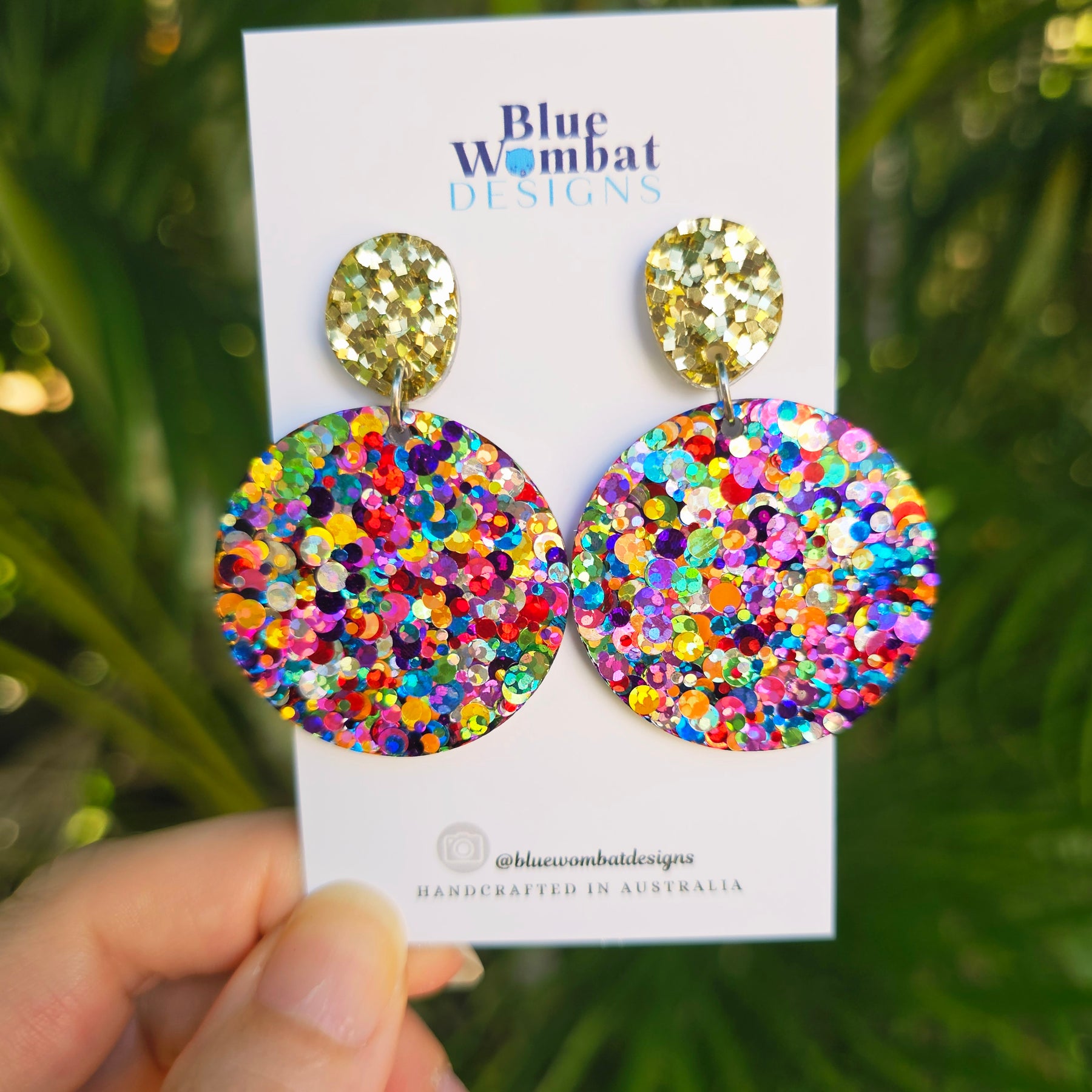 Round Resin Rainbow Glitter Dangle Earrings