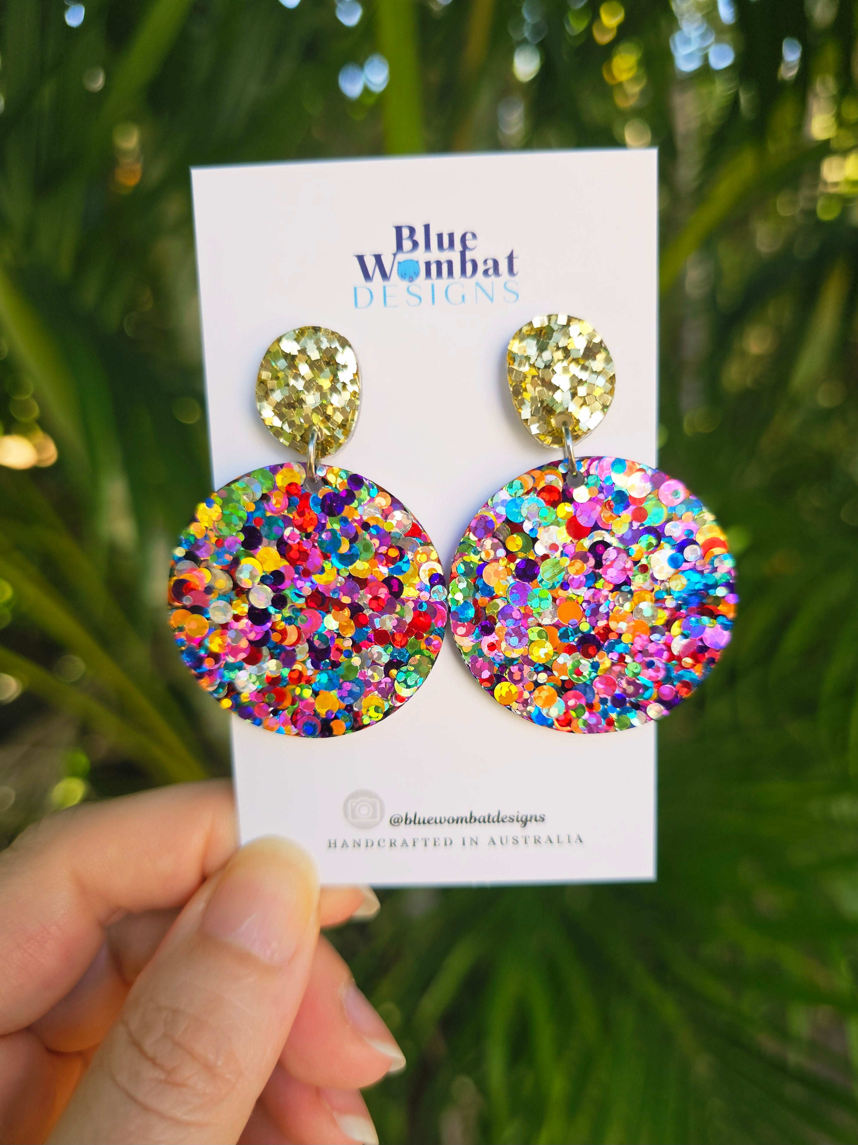 Round Resin Rainbow Glitter Dangle Earrings