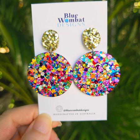 Round Resin Rainbow Glitter Dangle Earrings