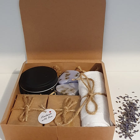 Goat Milk Soap Soy Candle Gift Set: Custom Scents, Face Towel or Dried Lavender Bundle.