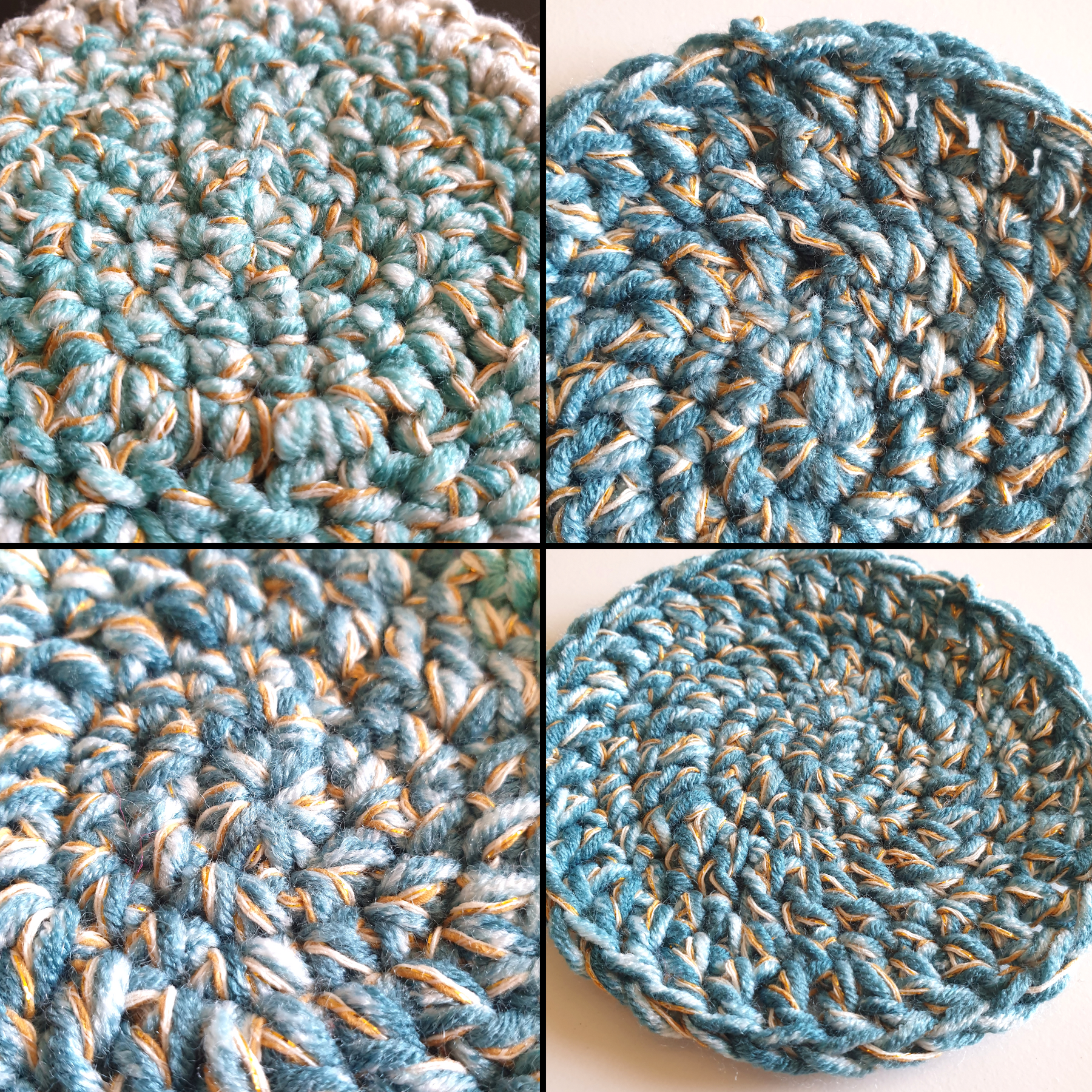 Hand crocheting Simple Round Coaster : Blue Green W Gold Silver