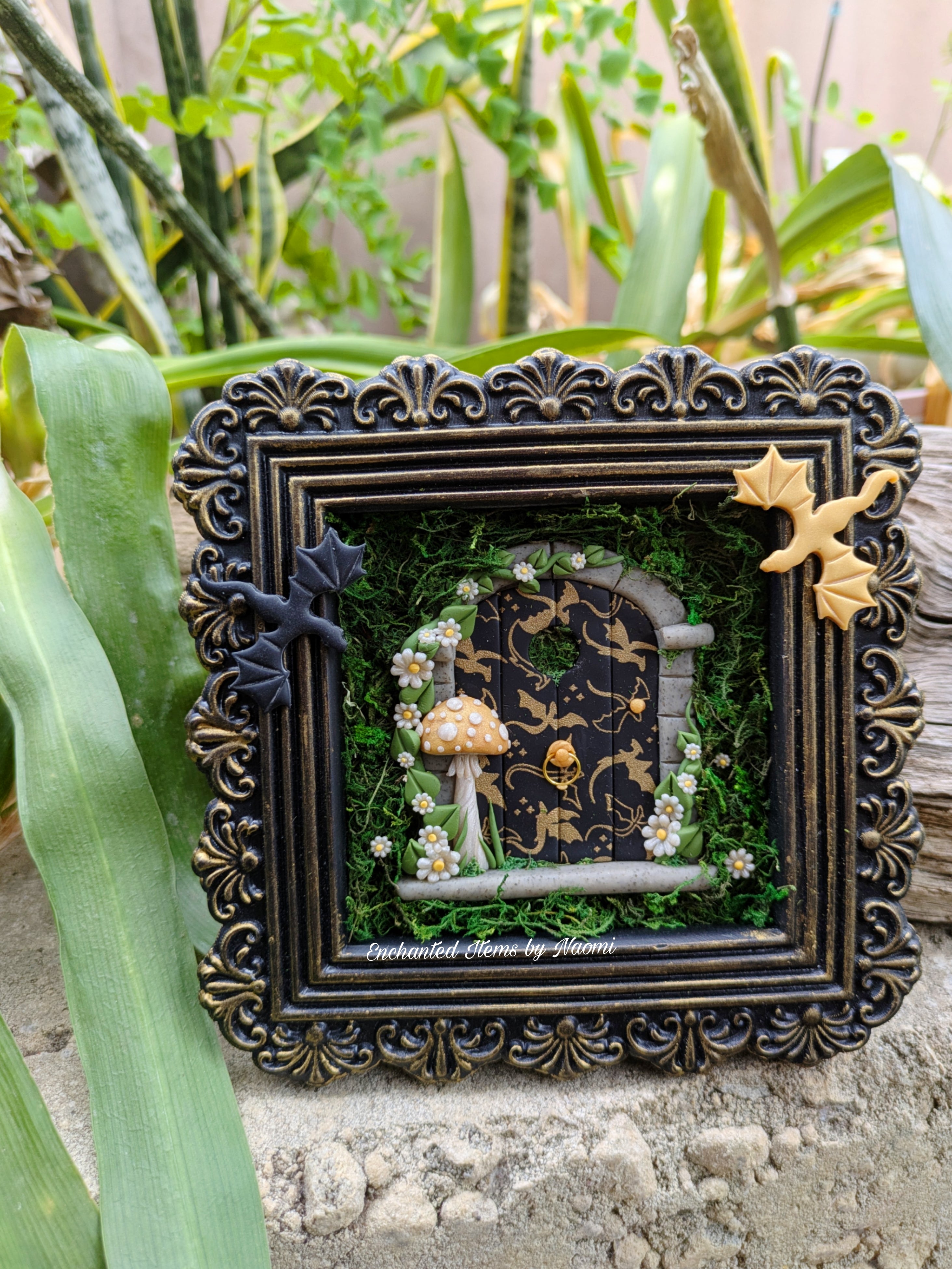 Empyrean Dragon Fairy Door – Hand Sculpted in Black & Gold Frame