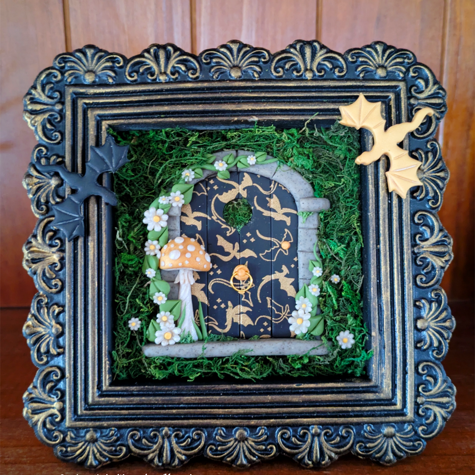 Empyrean Dragon Fairy Door – Hand Sculpted in Black & Gold Frame