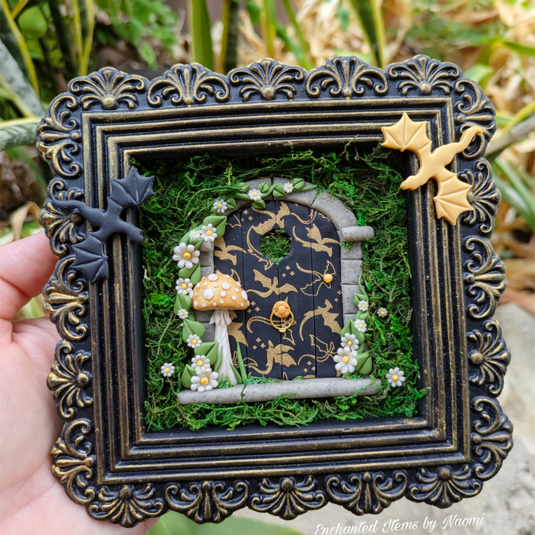 Empyrean Dragon Fairy Door – Hand Sculpted in Black & Gold Frame