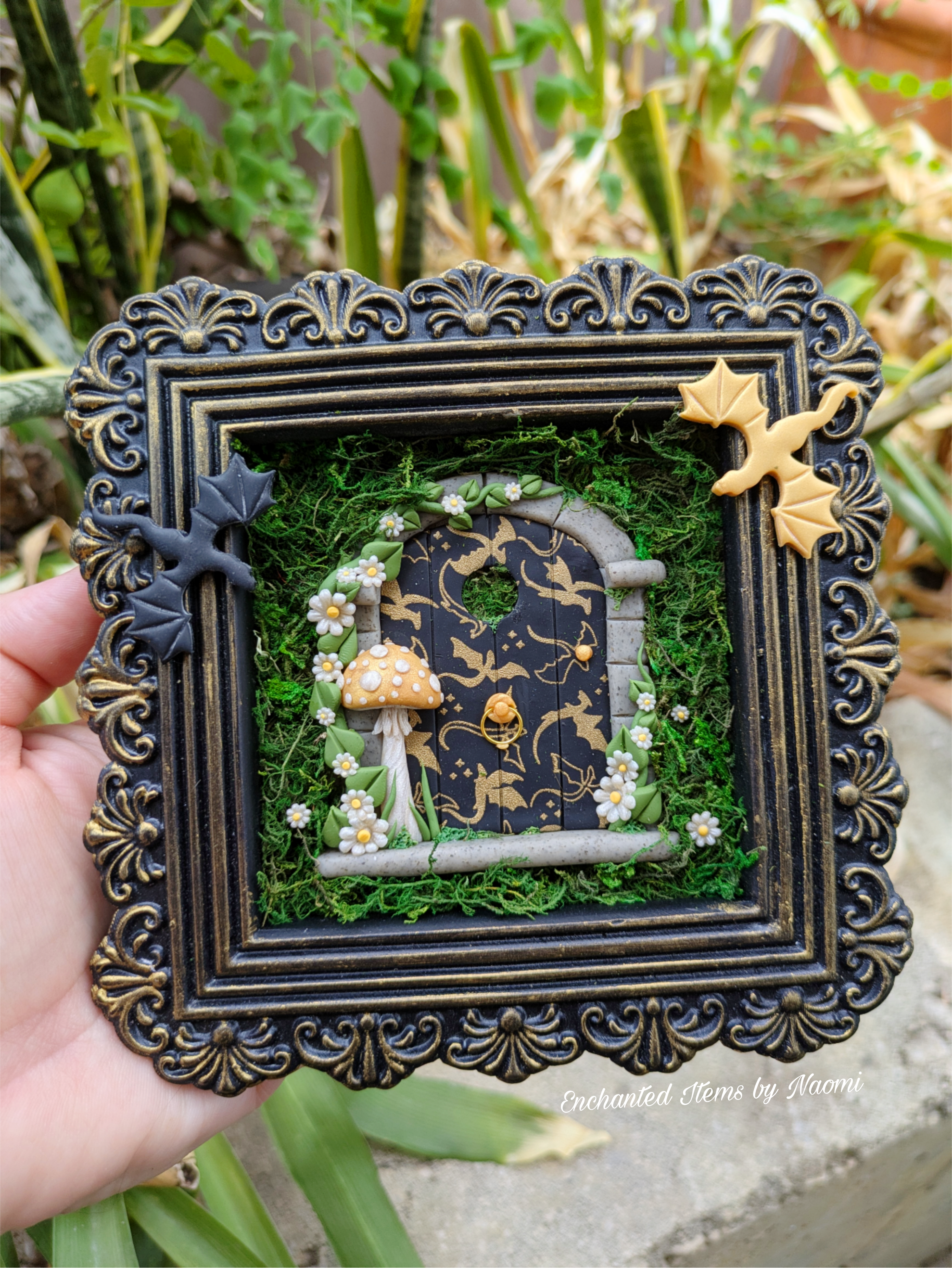 Empyrean Dragon Fairy Door – Hand Sculpted in Black & Gold Frame