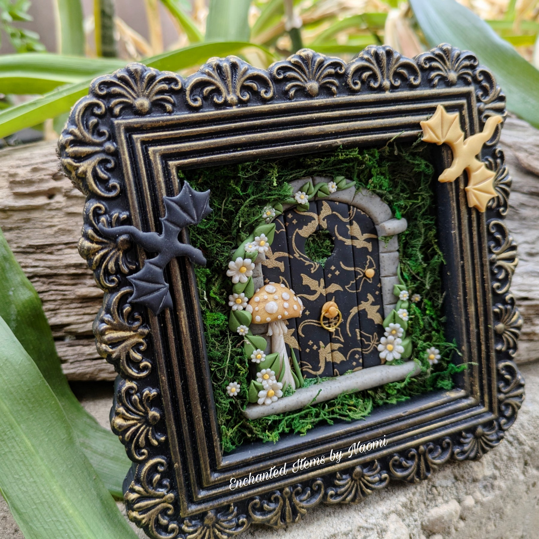 Empyrean Dragon Fairy Door – Hand Sculpted in Black & Gold Frame