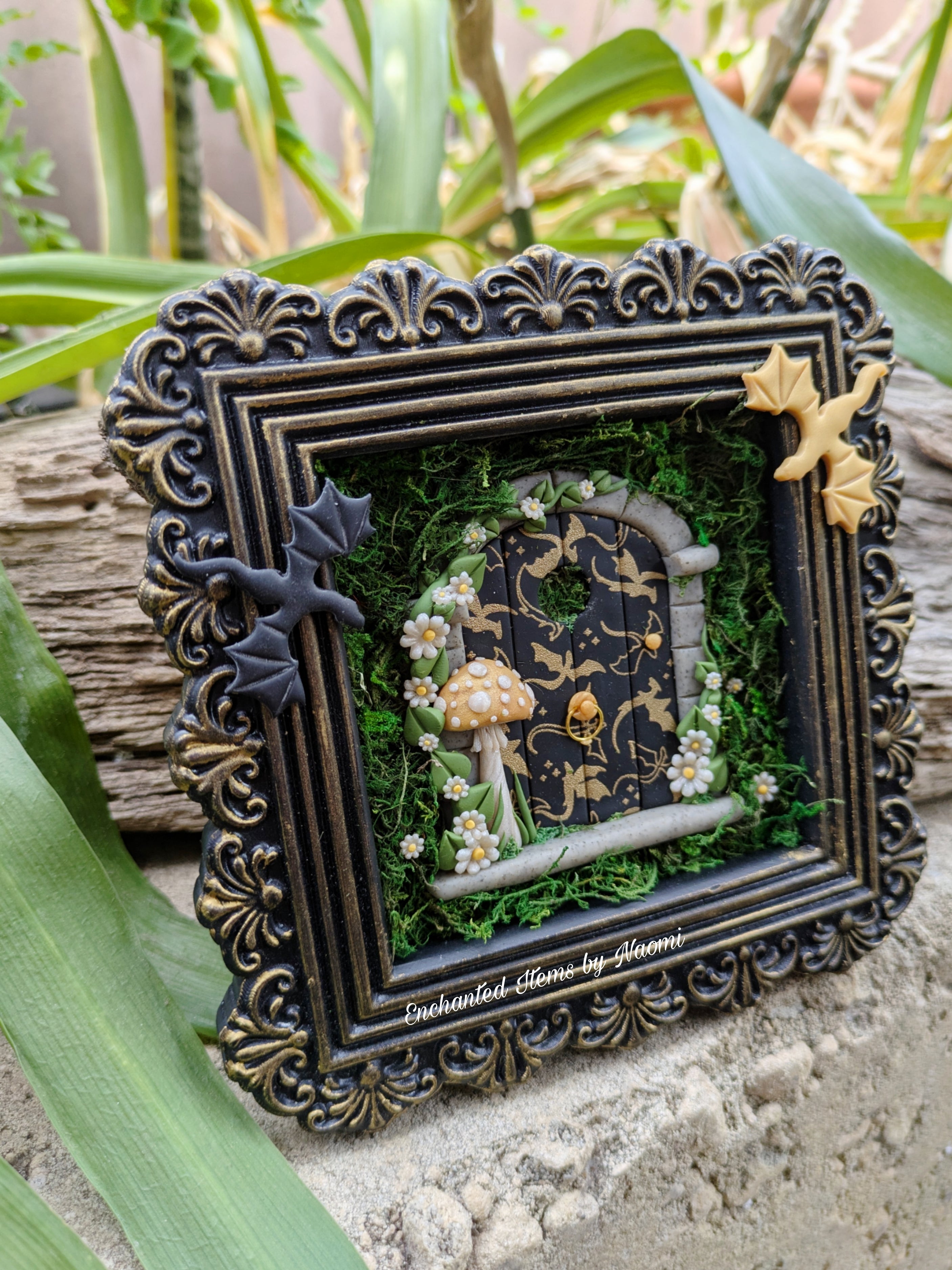 Empyrean Dragon Fairy Door – Hand Sculpted in Black & Gold Frame