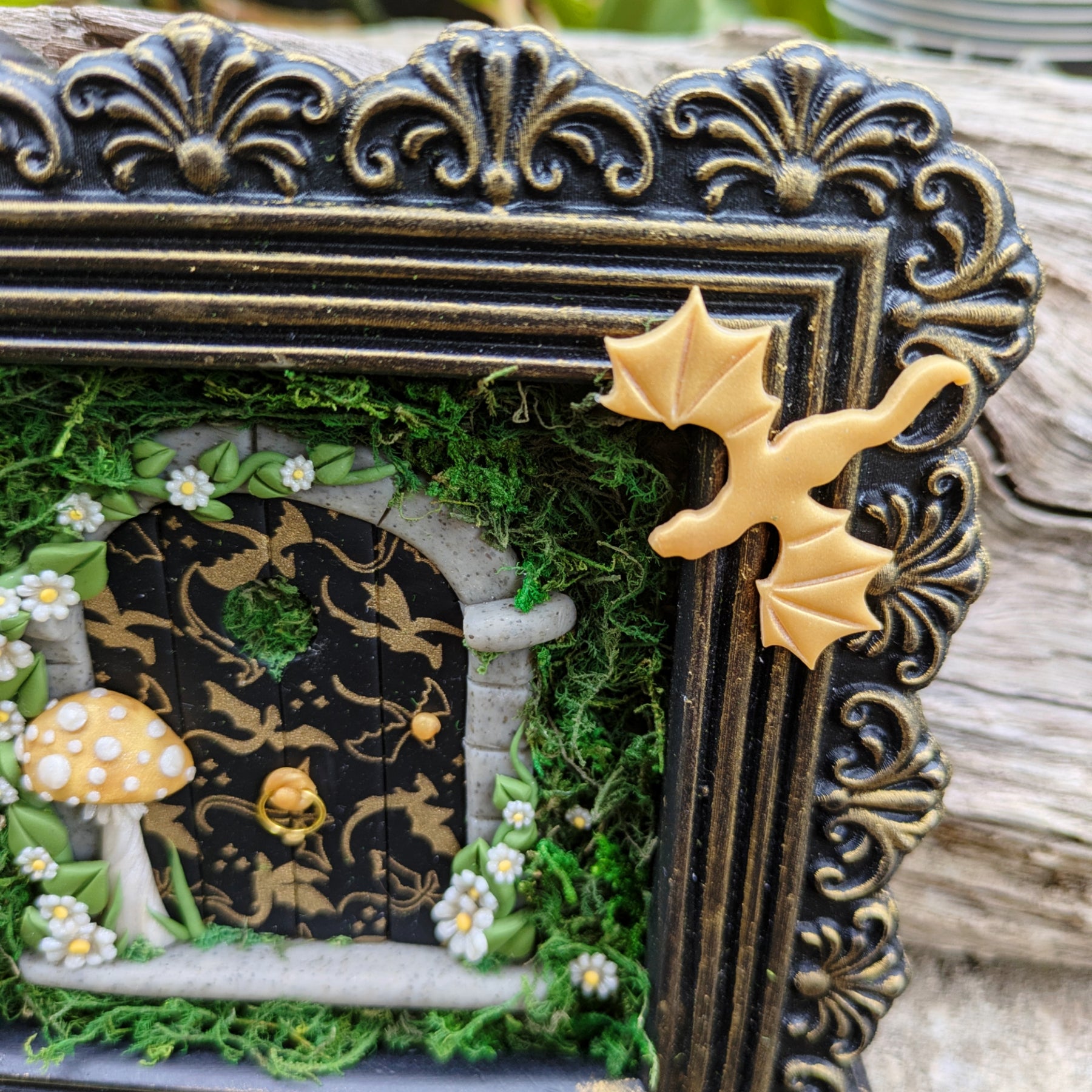 Empyrean Dragon Fairy Door – Hand Sculpted in Black & Gold Frame