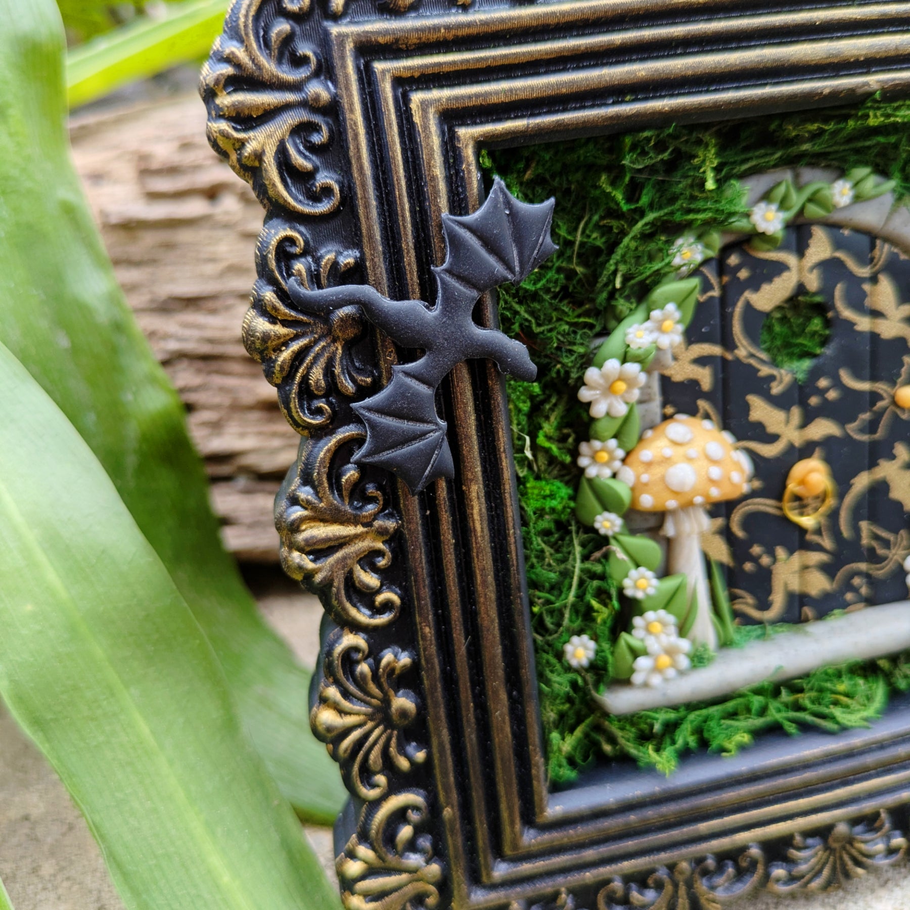 Empyrean Dragon Fairy Door – Hand Sculpted in Black & Gold Frame