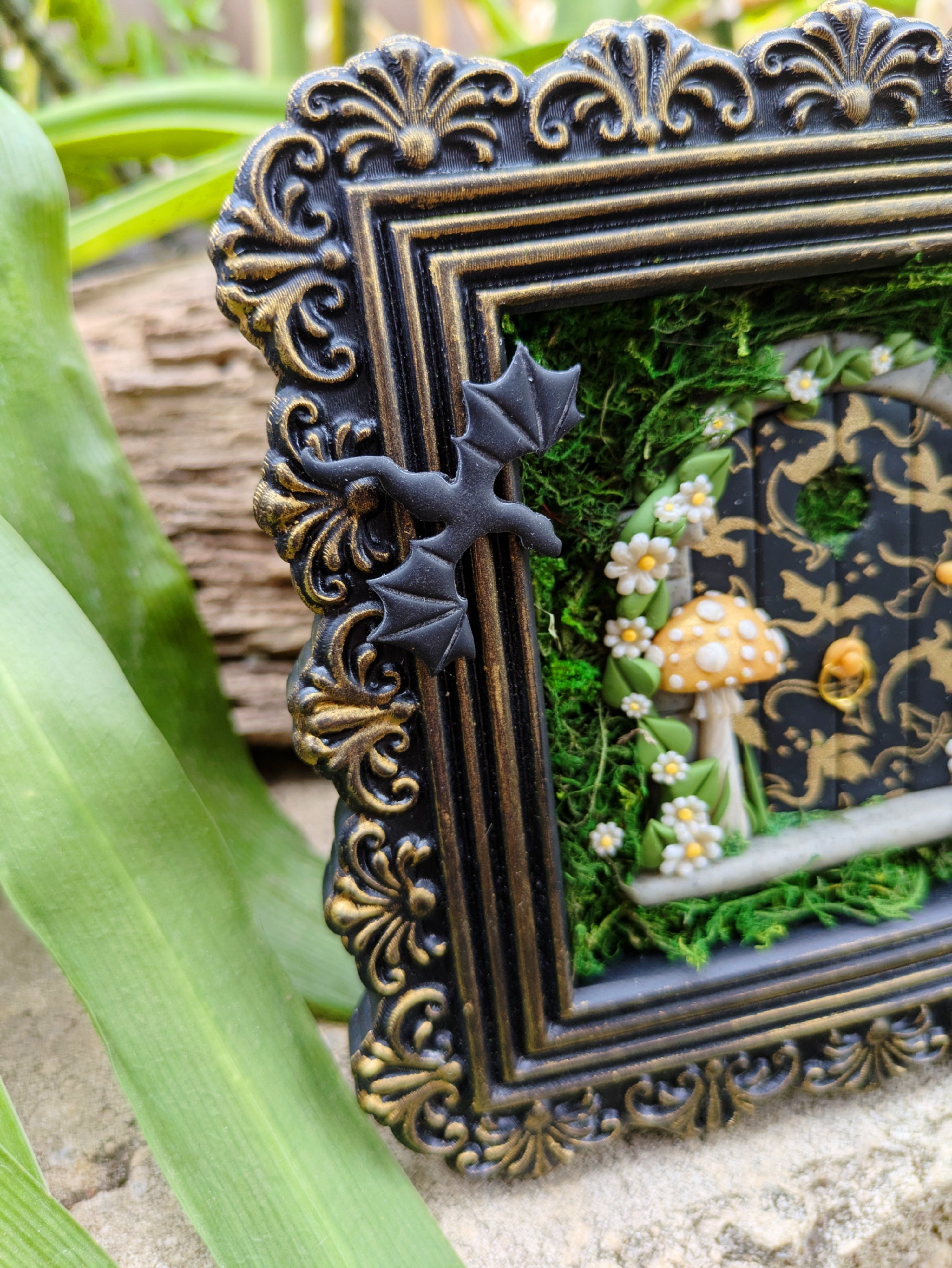 Empyrean Dragon Fairy Door – Hand Sculpted in Black & Gold Frame