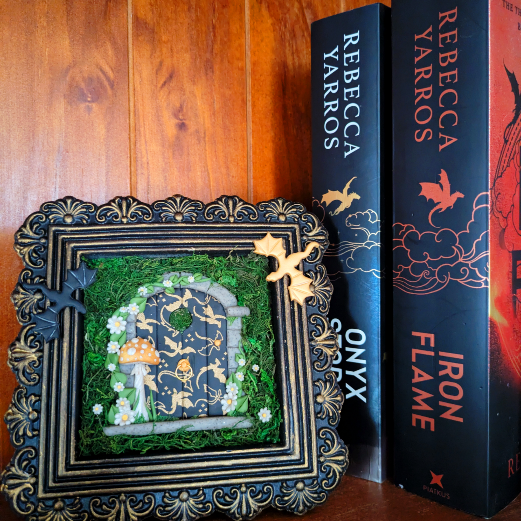 Empyrean Dragon Fairy Door – Hand Sculpted in Black & Gold Frame
