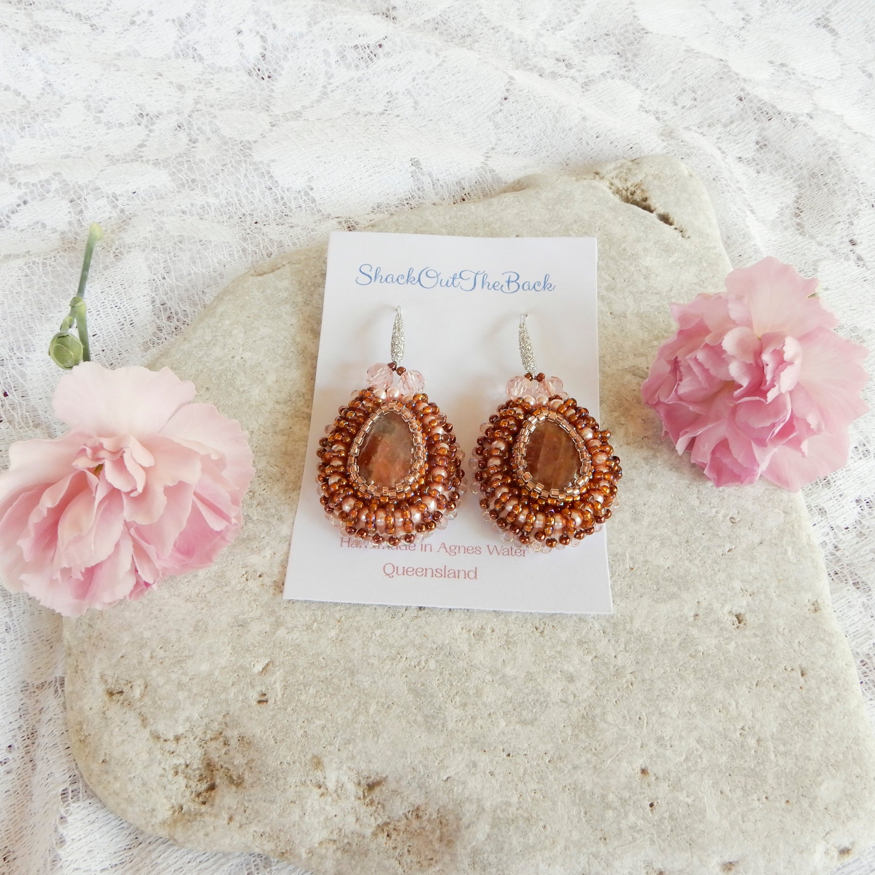 Bead Embroidered Goldstone & Crystal Earrings