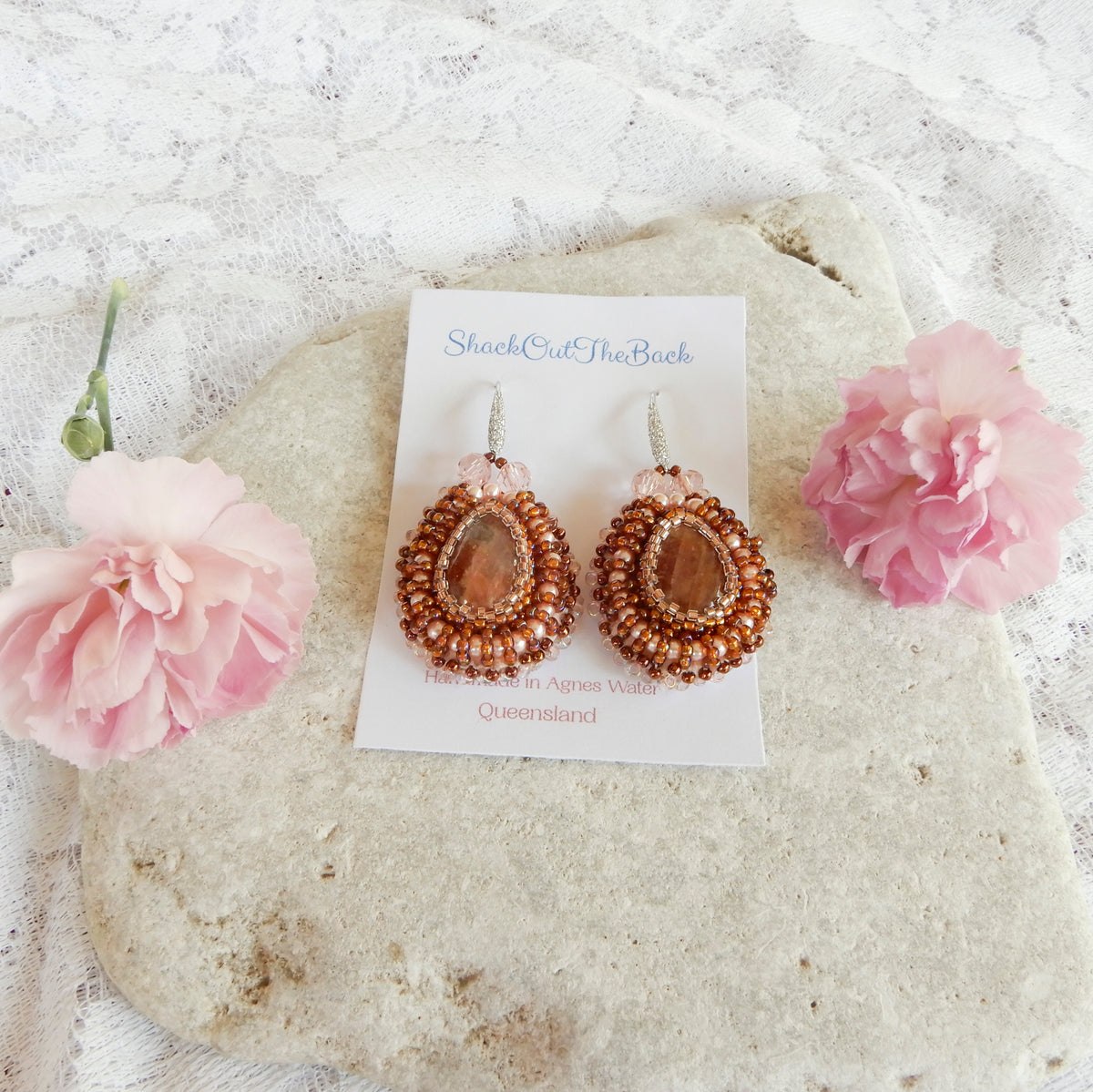 Bead Embroidered Goldstone & Crystal Earrings