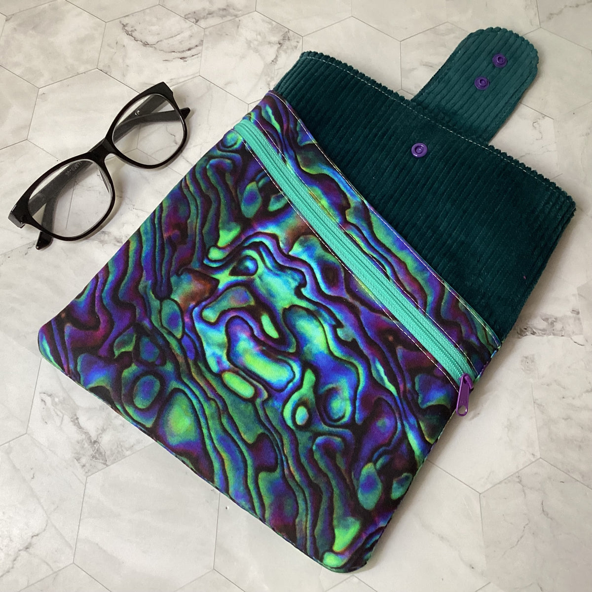 Paua Shell fabric book sleeve with 2 pockets. iPad, tablet pouch
