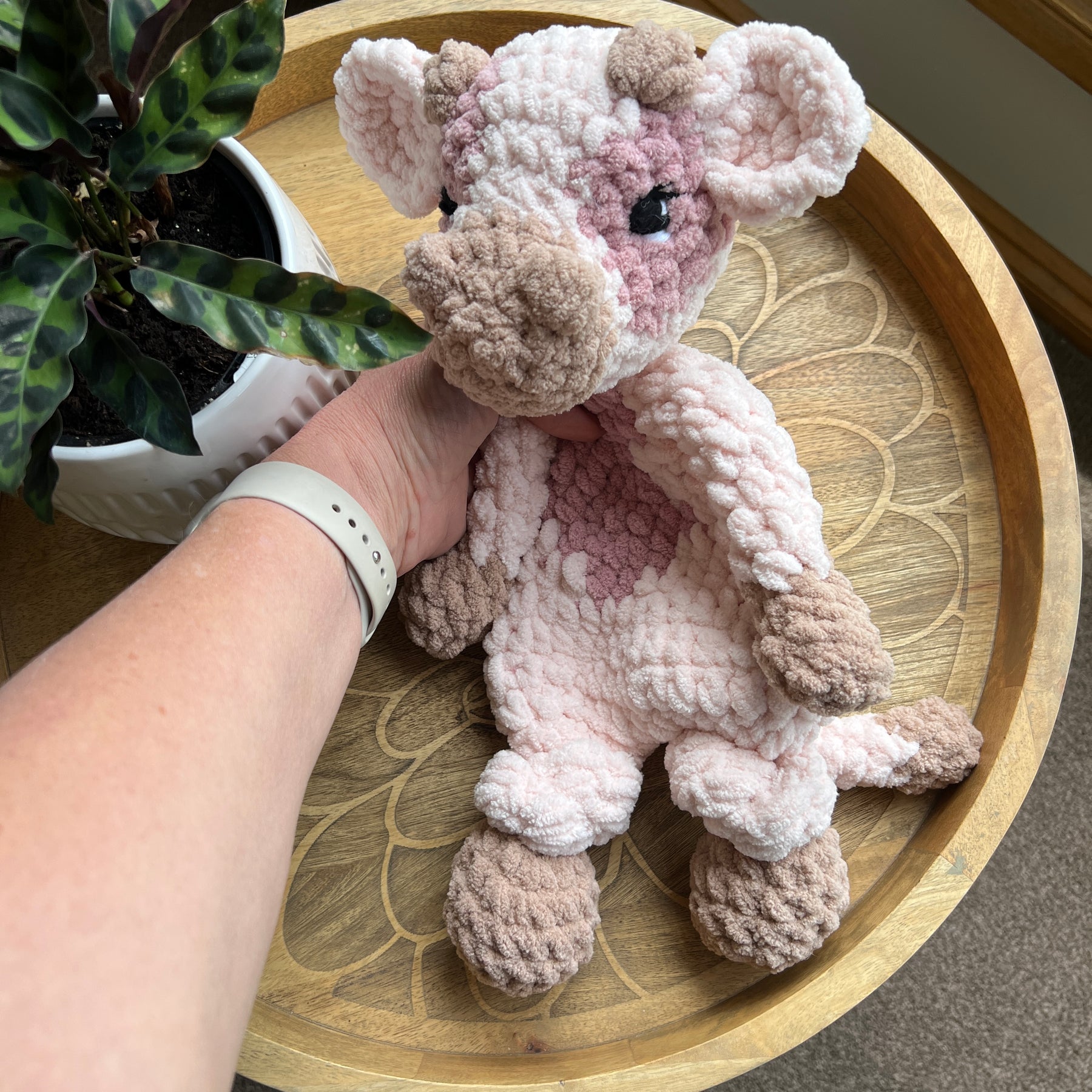 Handmade pink crochet cow lovey snuggler baby safe.