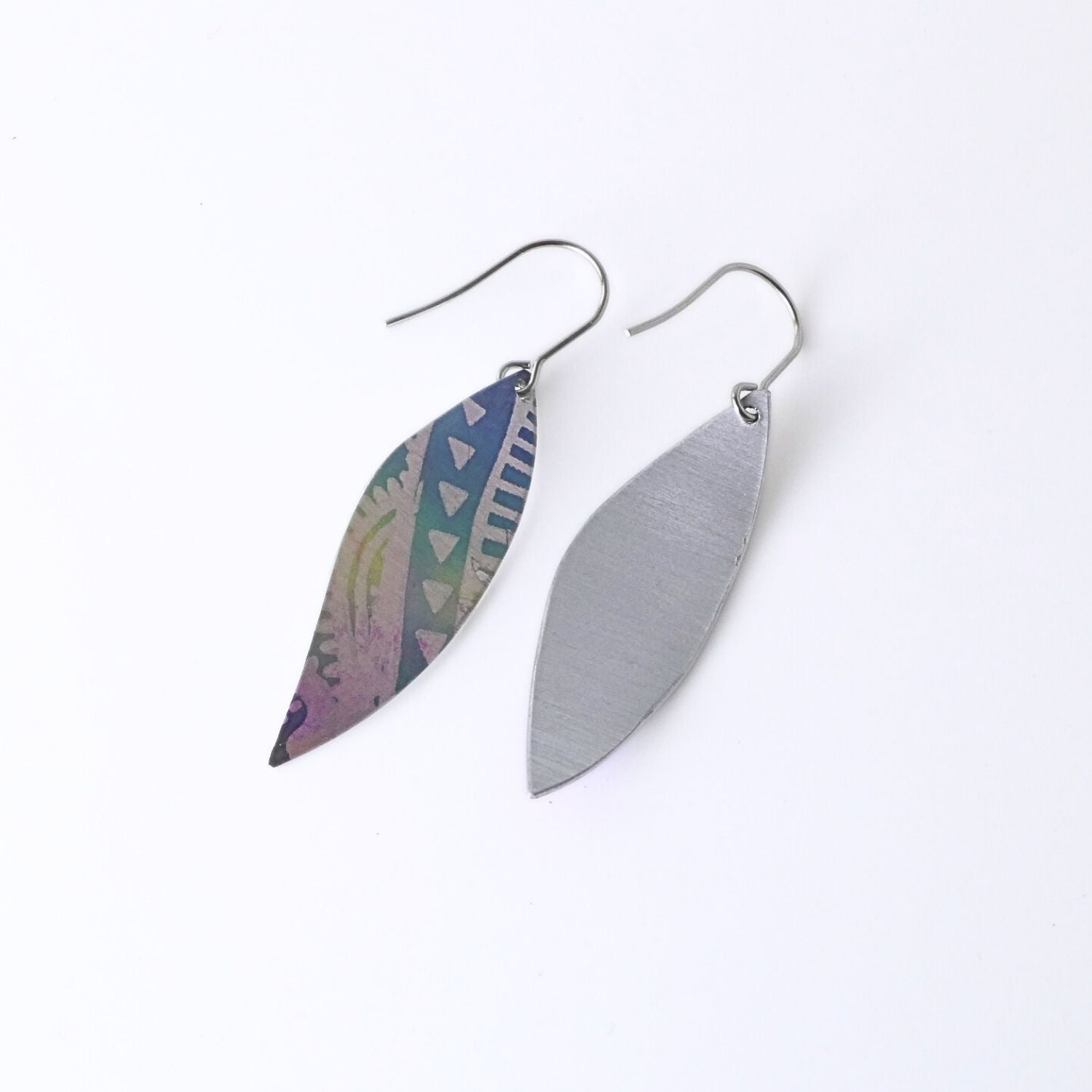 Anodised aluminium earrings hand printed Aztec Aura Collection