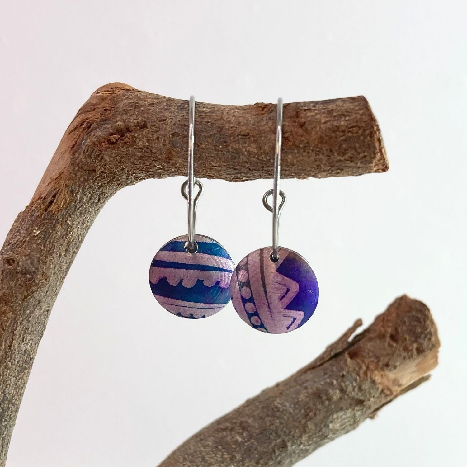 Anodised aluminium earrings hand printed Aztec Aura Collection