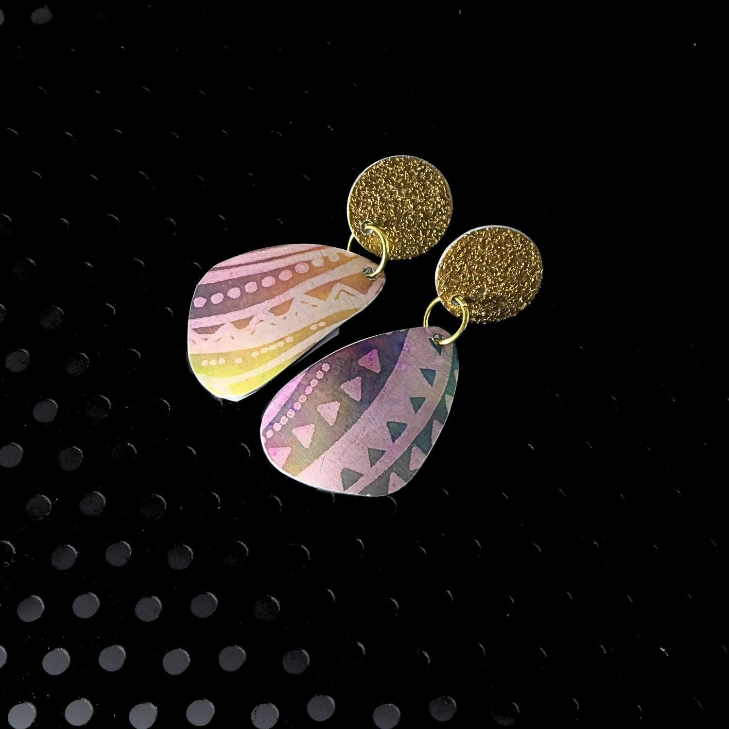 Anodised aluminium earrings hand printed Aztec Aura Collection