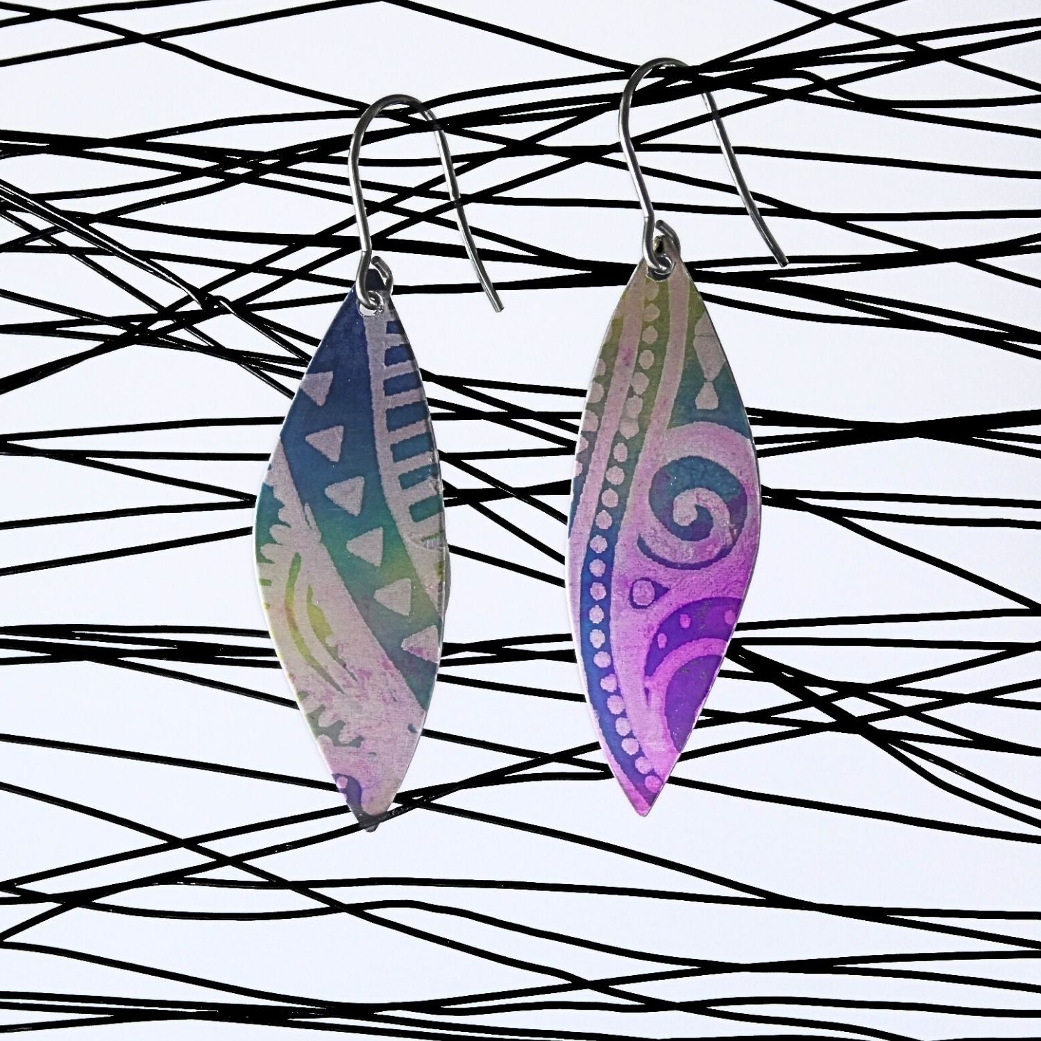 Anodised aluminium earrings hand printed Aztec Aura Collection
