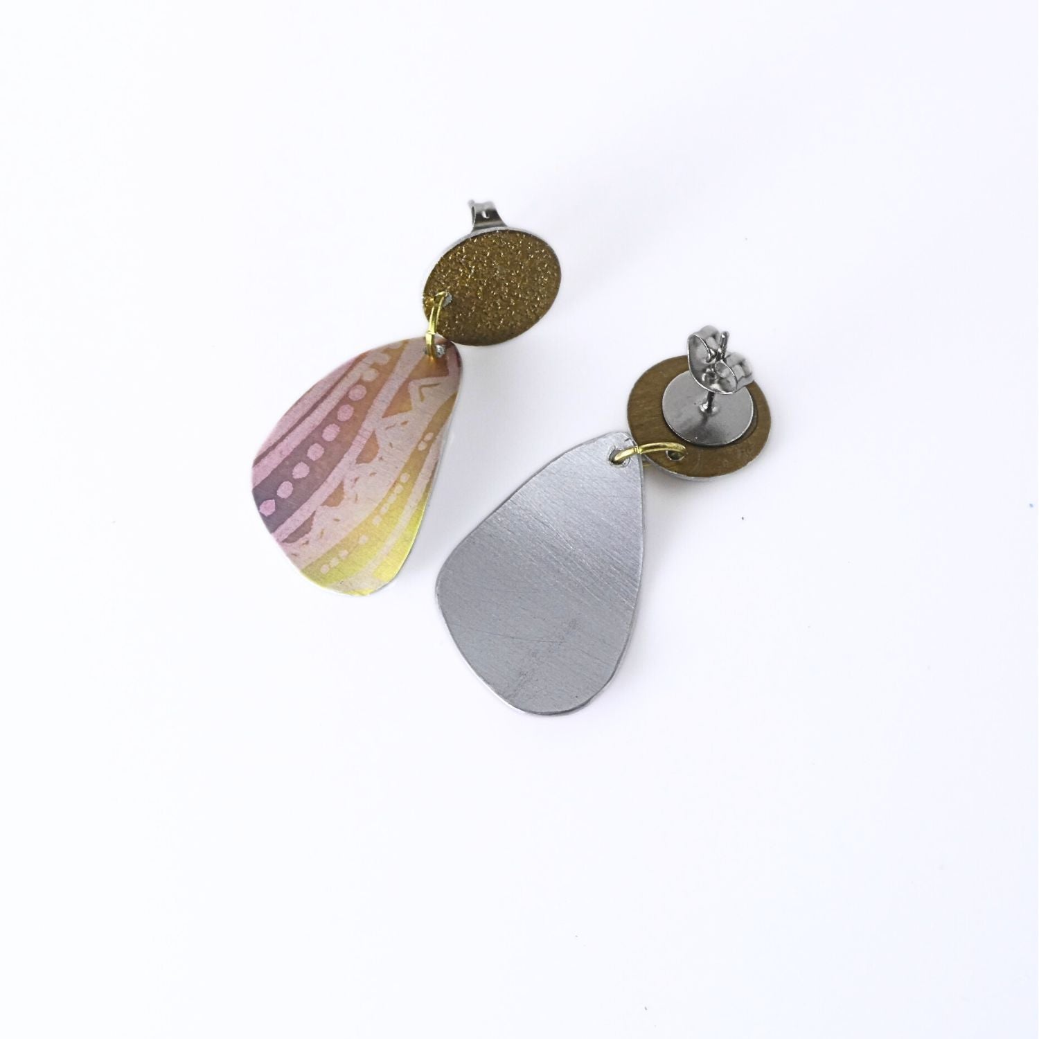 Anodised aluminium earrings hand printed Aztec Aura Collection