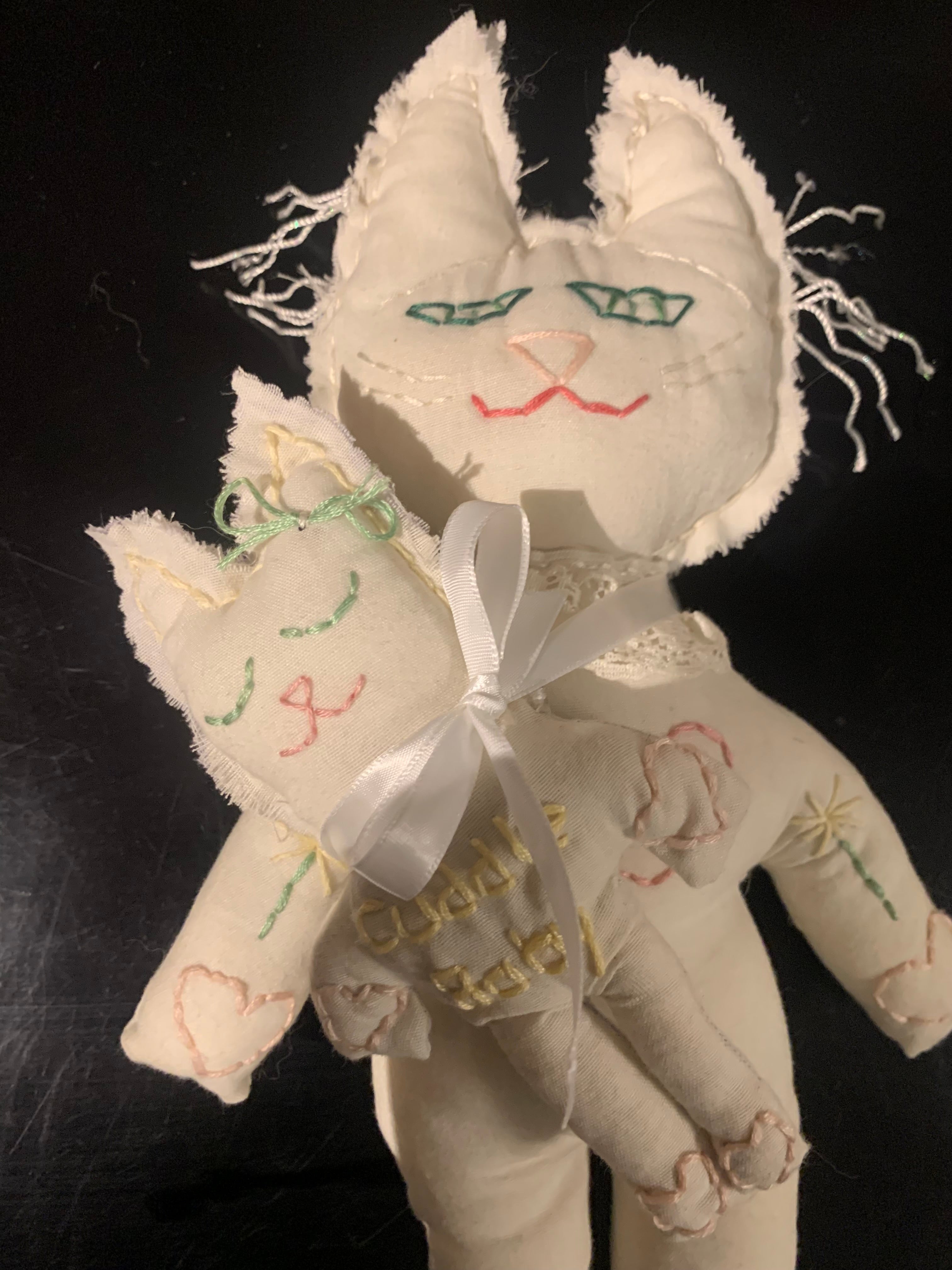 Cuddle Cat and Cuddle Kitten Hand Made Hand Embroidered