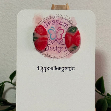 Red Oval Rose Polymer Clay Stud Earrings