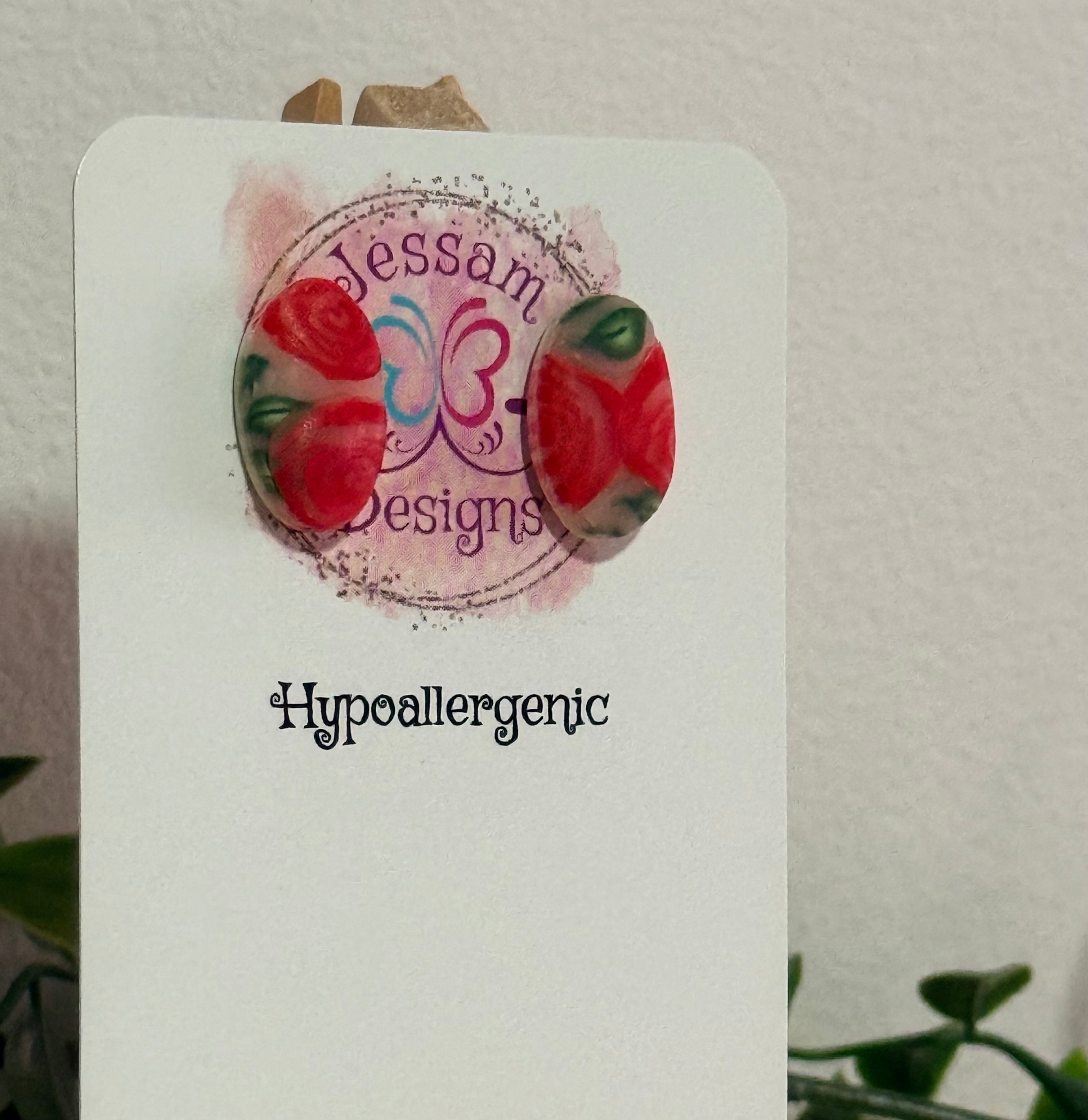 Red Oval Rose Polymer Clay Stud Earrings