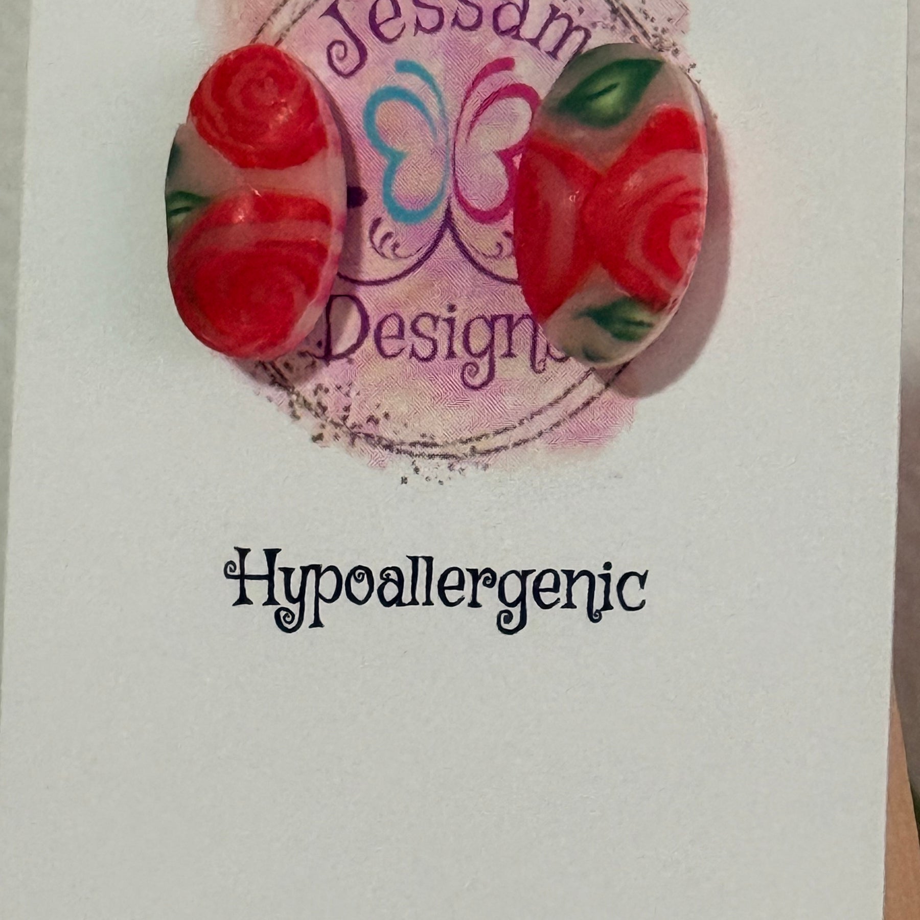 Red Oval Rose Polymer Clay Stud Earrings