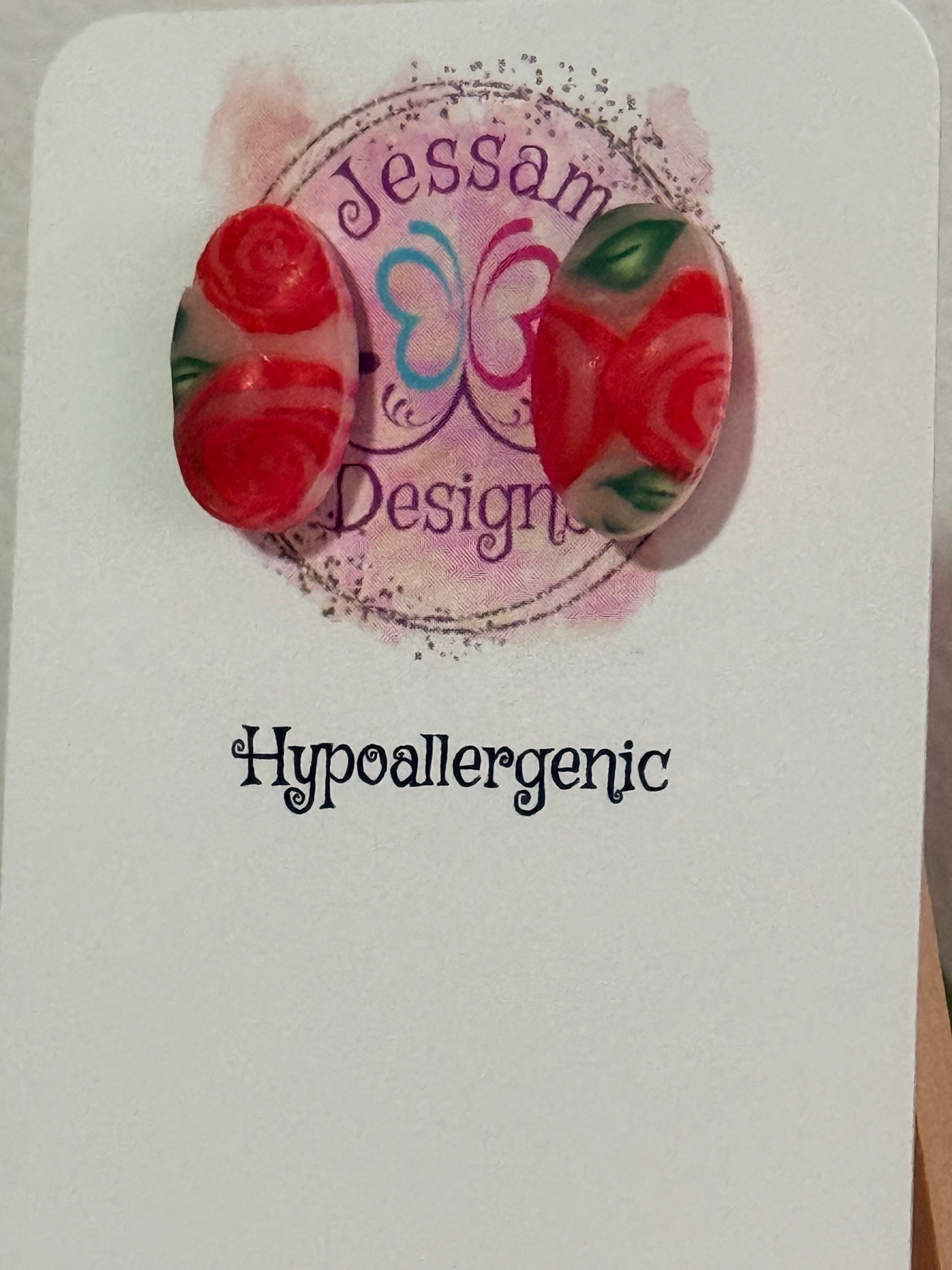 Red Oval Rose Polymer Clay Stud Earrings
