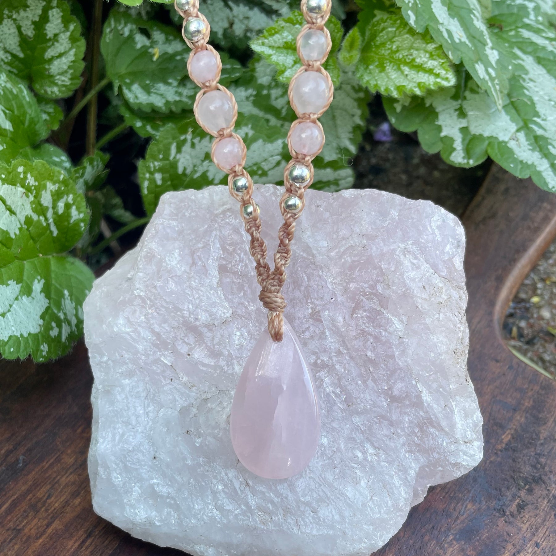 Rose Quartz Pendant, macrame necklace boho