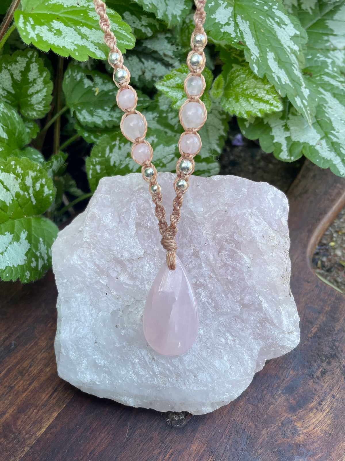 Rose Quartz Pendant, macrame necklace boho