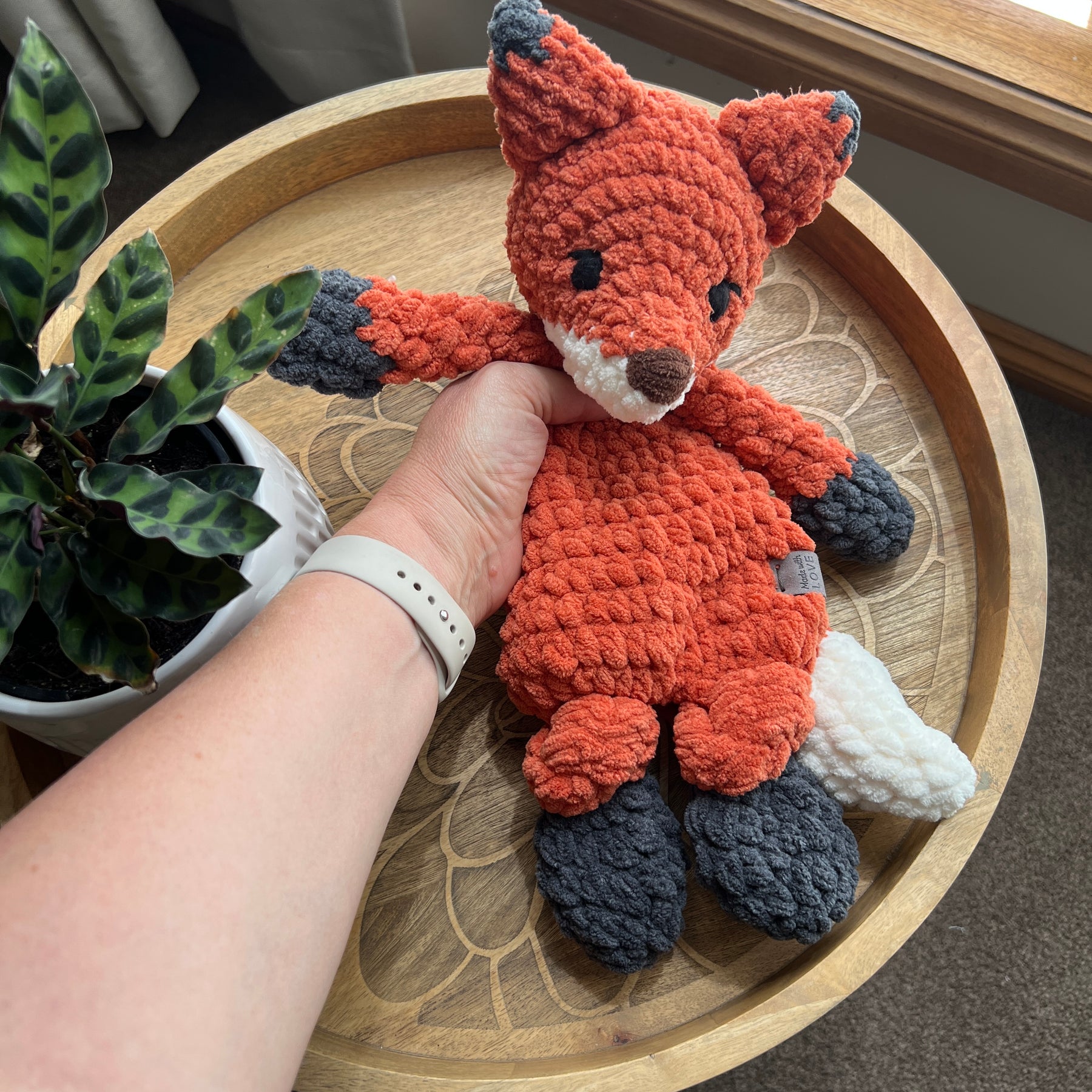 Handmade modern crochet toy Fox lovey snuggler plushie.