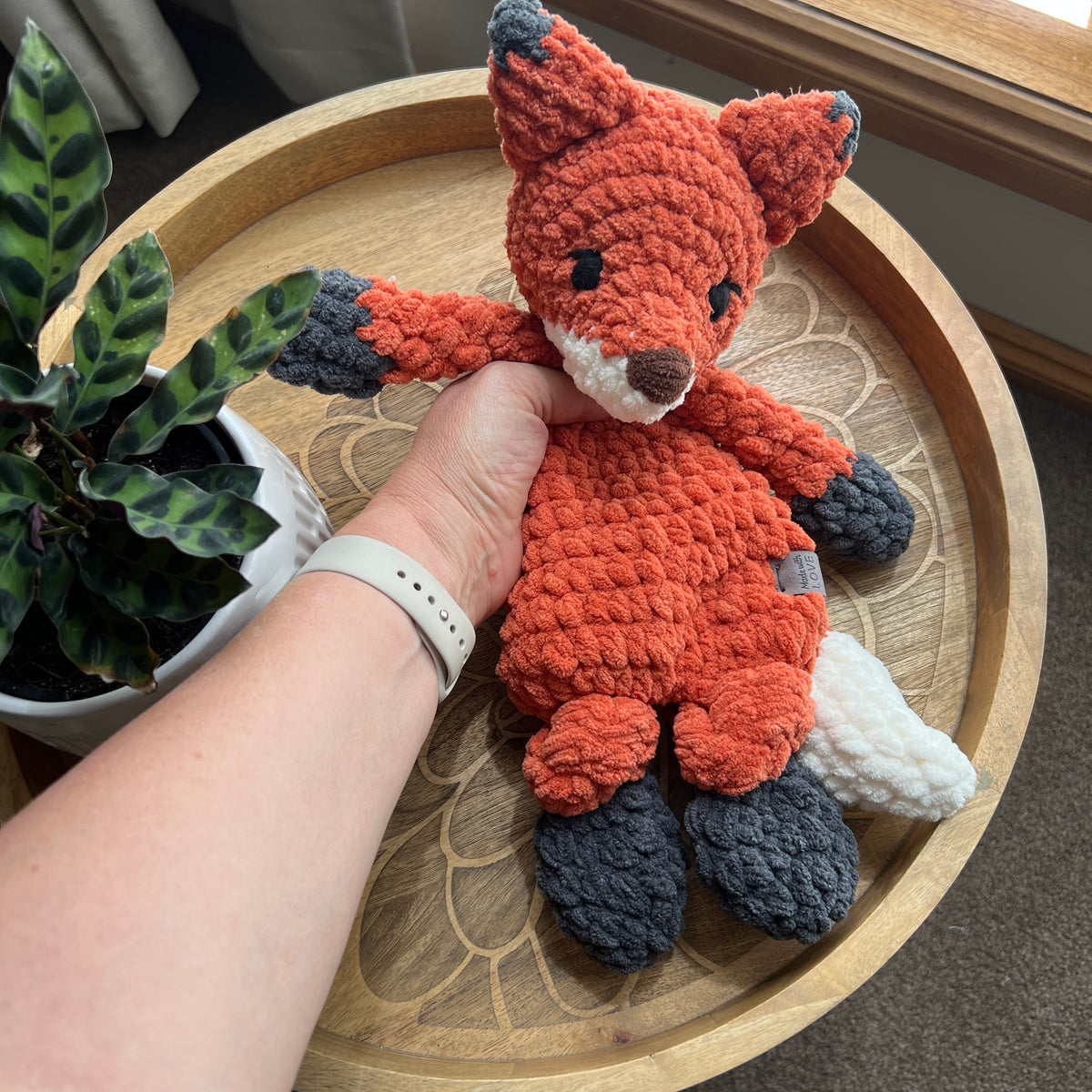 Handmade modern crochet toy Fox lovey snuggler plushie.