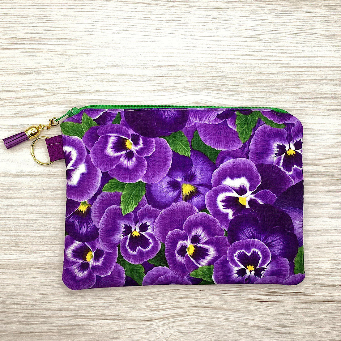 Purple Pansies Zip Pouch (21cm x 16cm) Fully lined, lightly padded