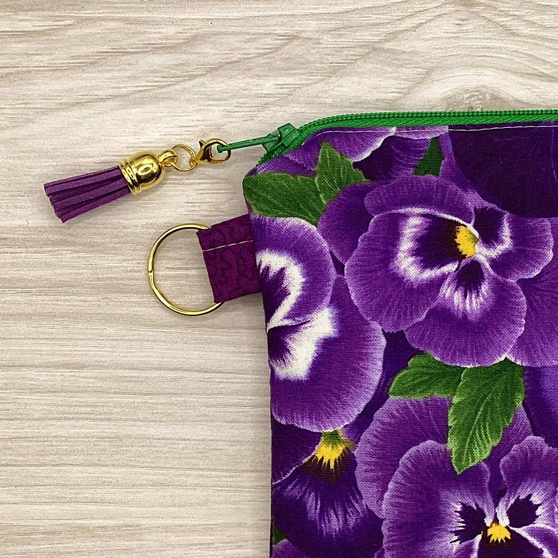Purple Pansies Zip Pouch (21cm x 16cm) Fully lined, lightly padded