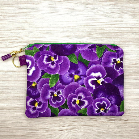 Purple Pansies Zip Pouch (21cm x 16cm) Fully lined, lightly padded