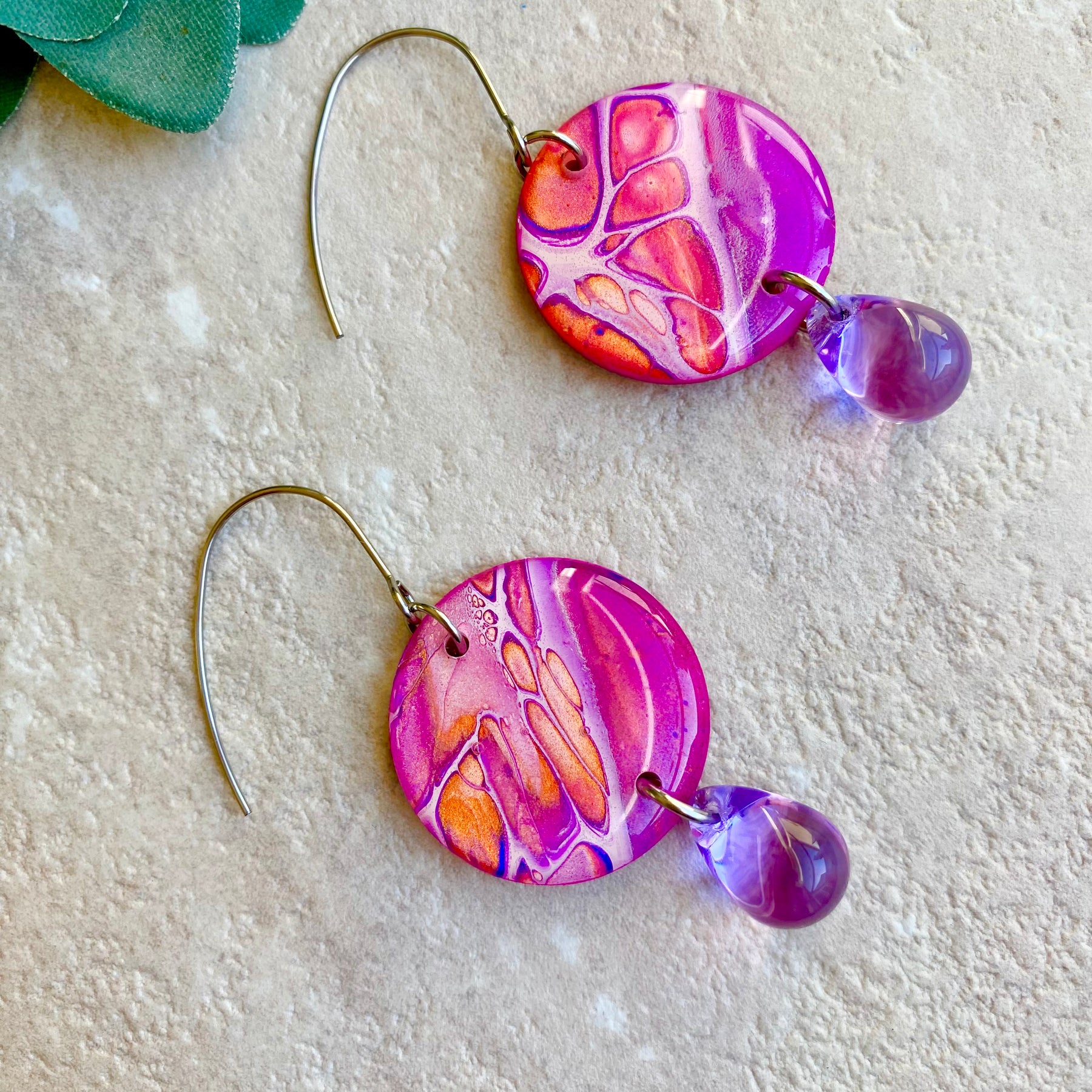 Pink Purple Orange Hand Painted Earrings