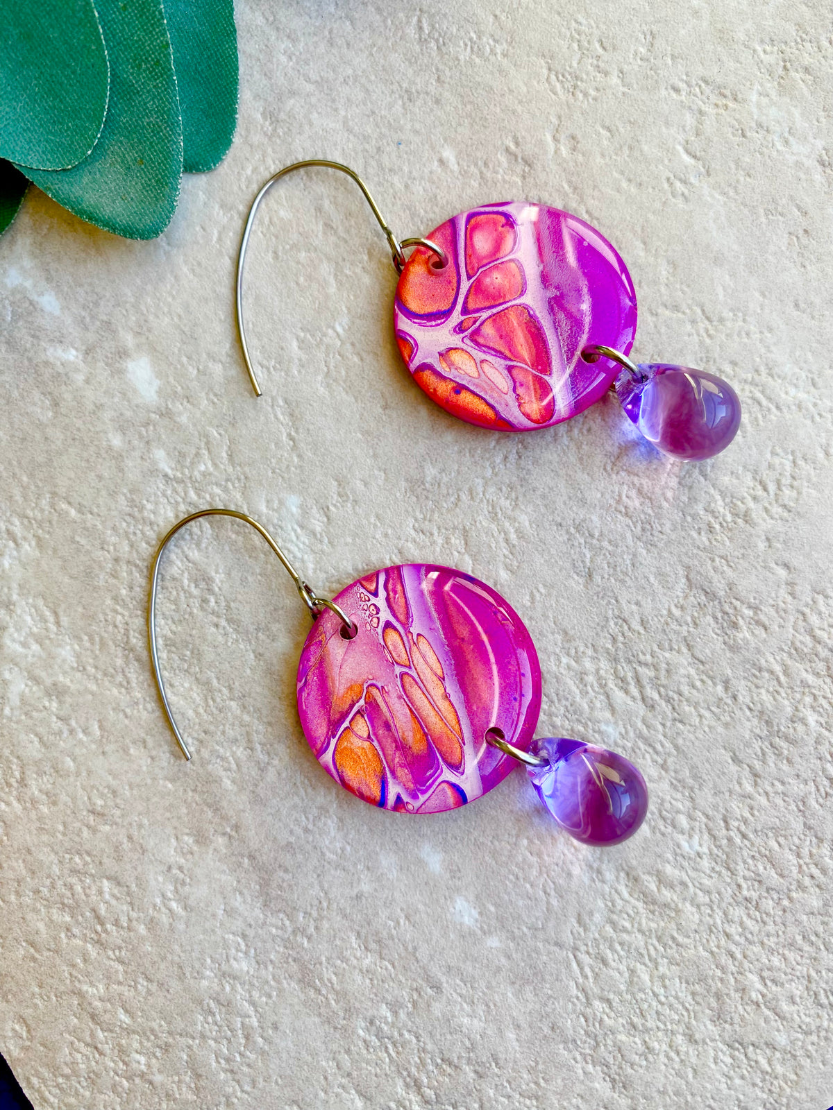Pink Purple Orange Hand Painted Earrings