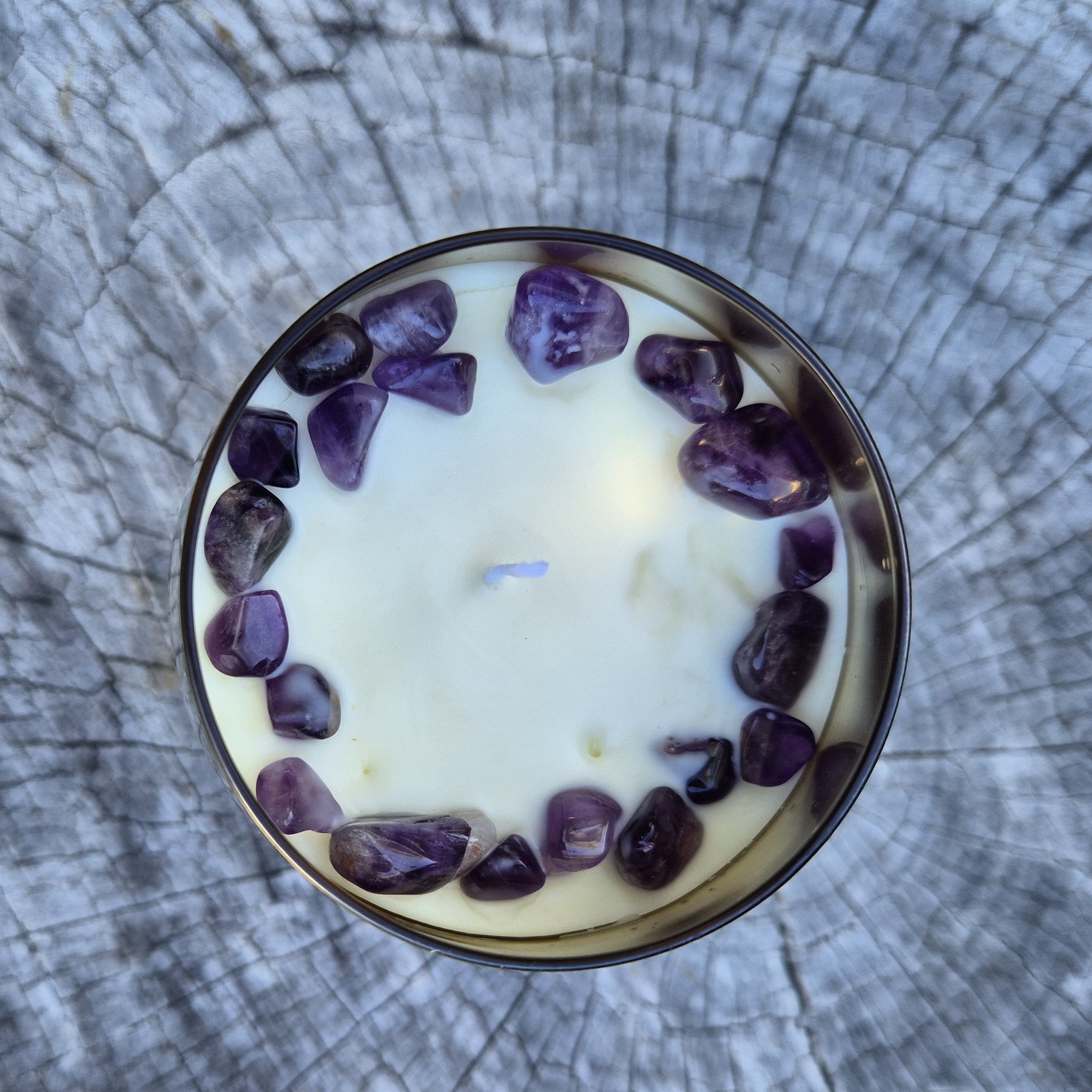 Gold christmas tree glass jar candle with amethyst and lavender