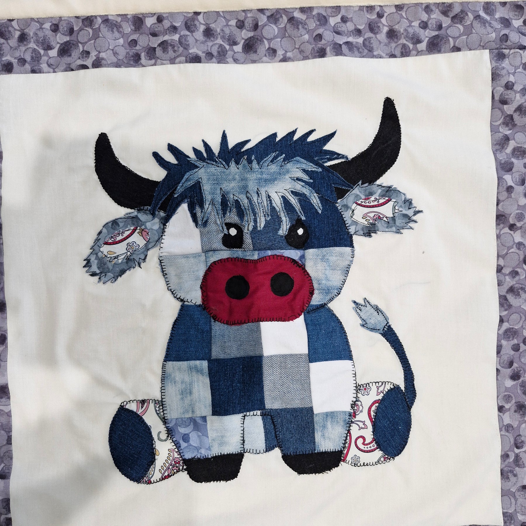 Highland Cow Patchwork front Baby Blanket Denim Mix