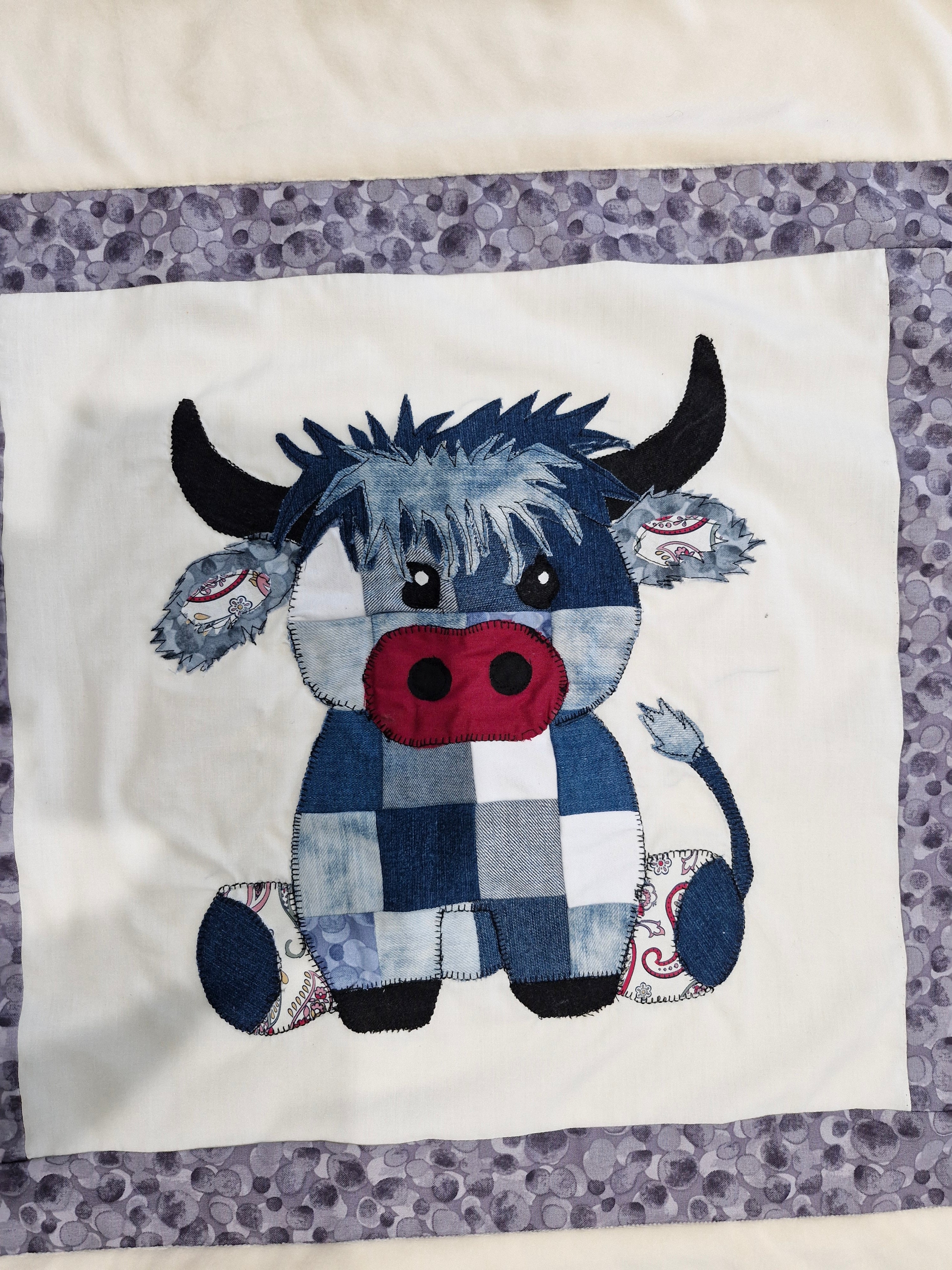 Highland Cow Patchwork front Baby Blanket Denim Mix