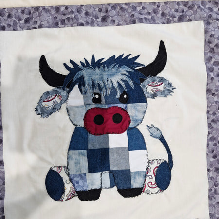 Highland Cow Patchwork front Baby Blanket Denim Mix