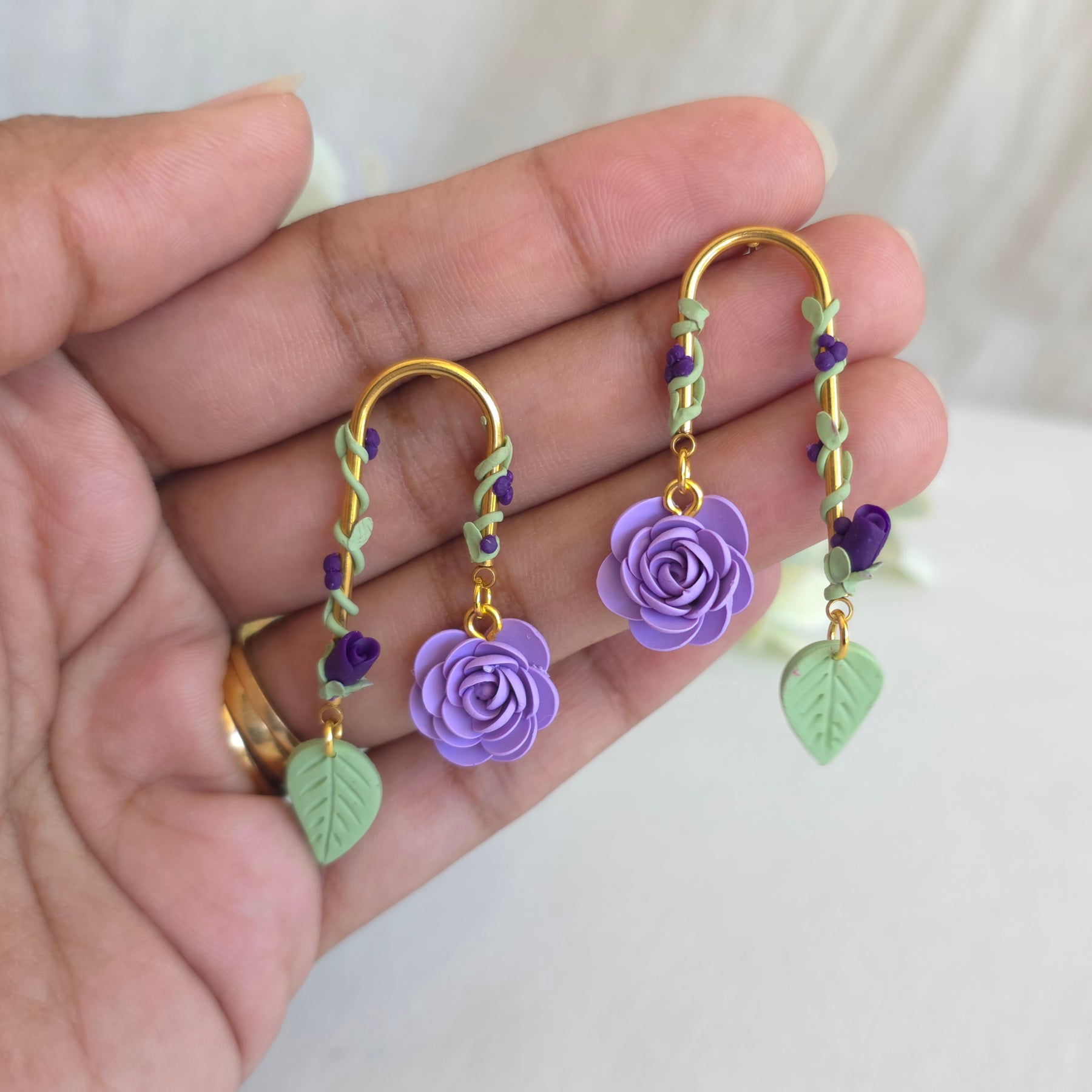 Handmade Polymer Clay Rose Earrings | Floral Vine Dangles | Lightweight Botanical Jewellery
